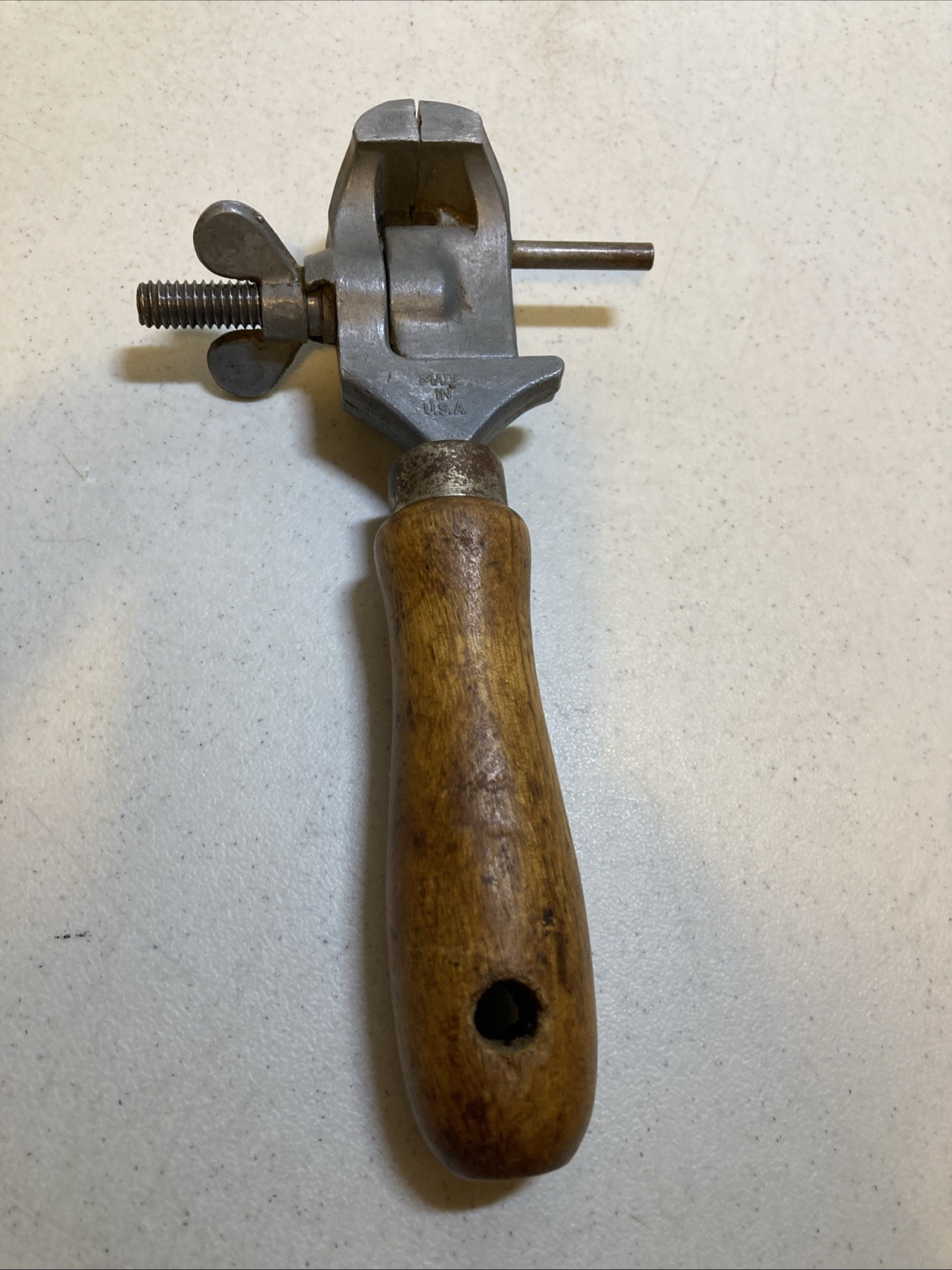 Vintage 1-1/4″ wide, 1″ cap. Watchmaker /Jeweler/Gunsmith Wood Handle Hand Vise.
