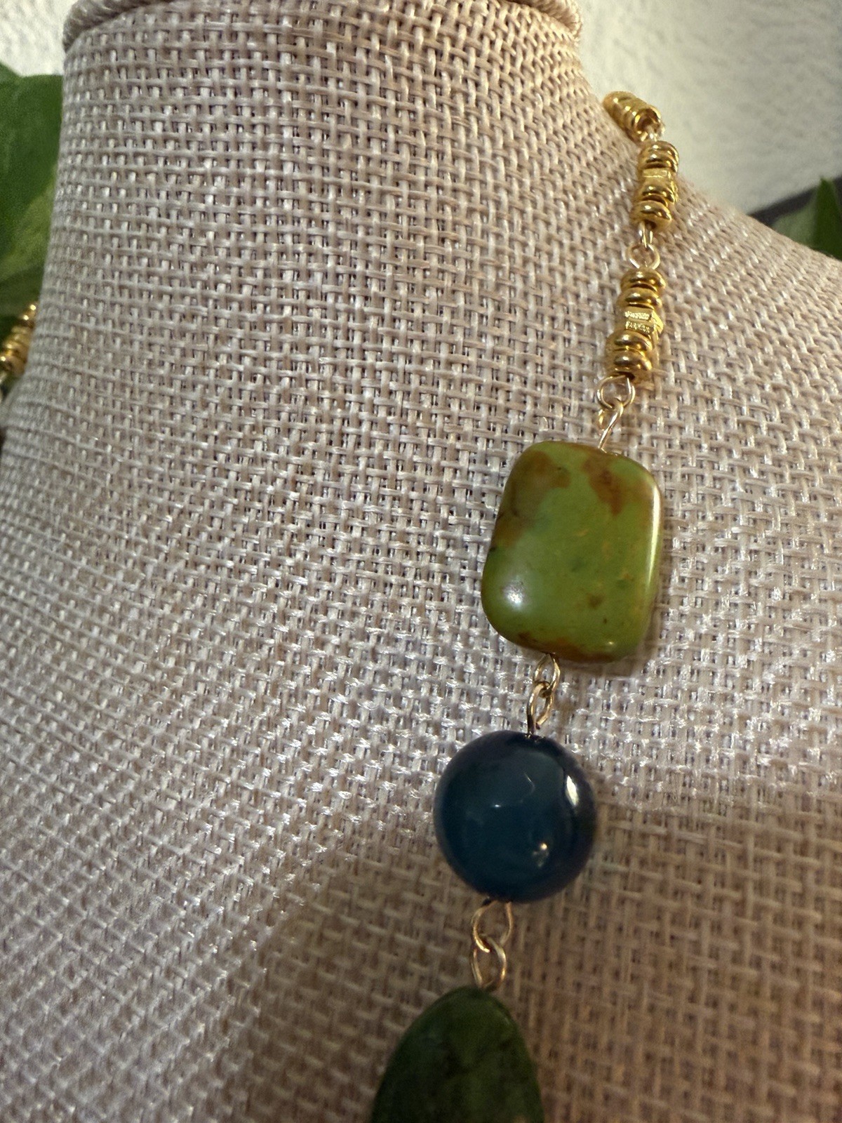 Handmade Glass Beaded Necklace Green Blue Brown Beads with Gold Tone Clasp