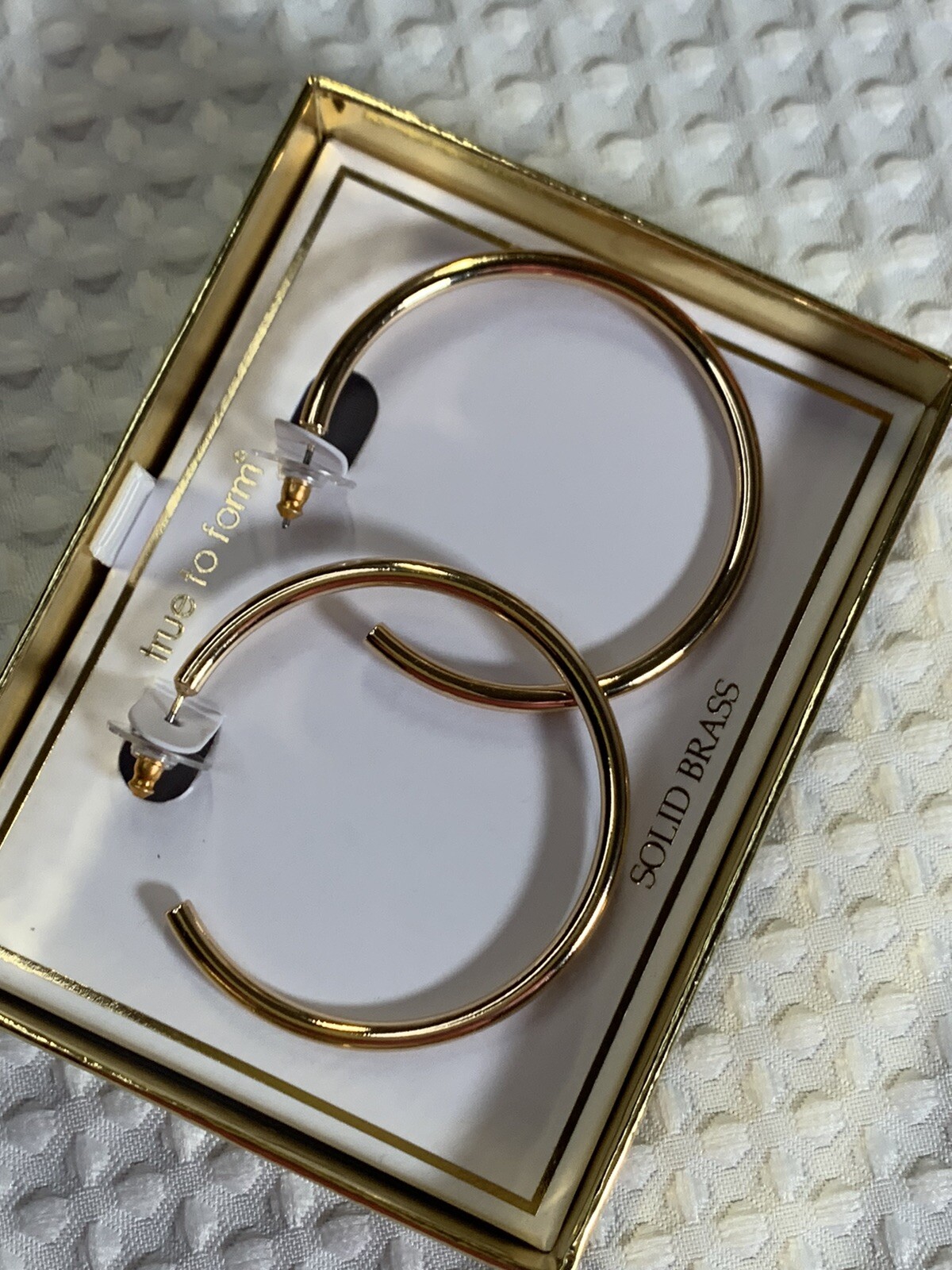 True To Form Hoop Earrings Solid Brass 2 1/8″ Diameter . New in Box