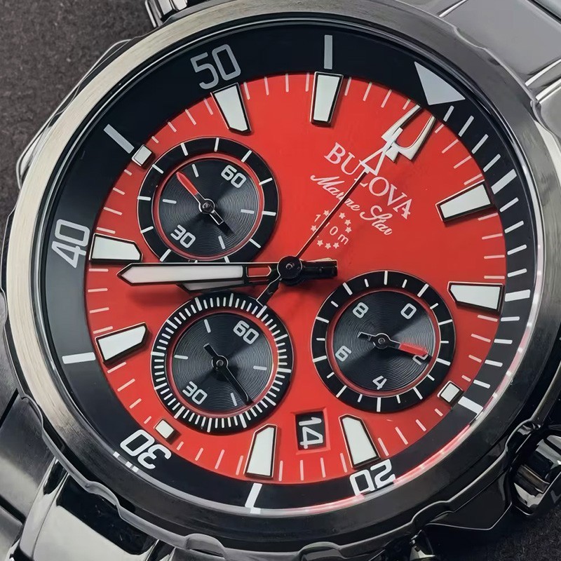 Bulova Marine Star 98B350 Men’s Chronograph Quartz Watch Red Dial Stainless 43mm