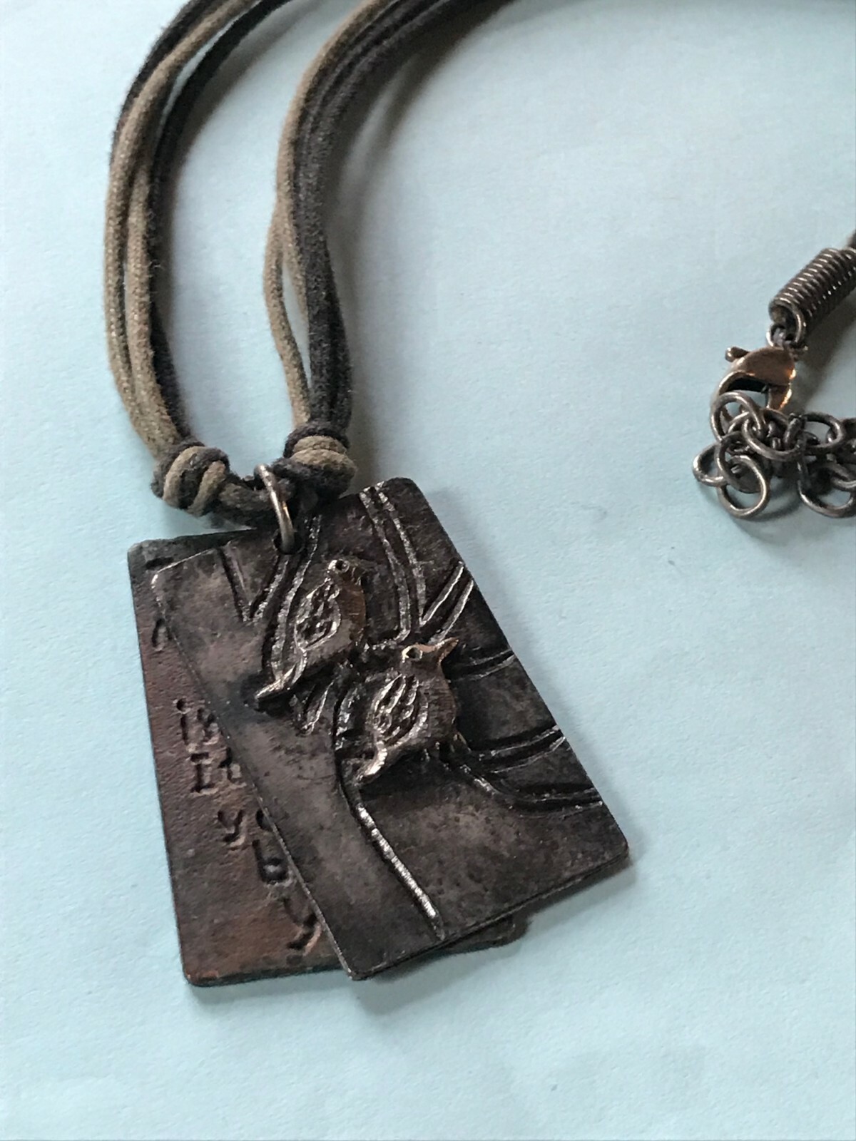 Olive Green & Black Multistrand Cord w Oxidized Silvertone Birds w Saying Rectan