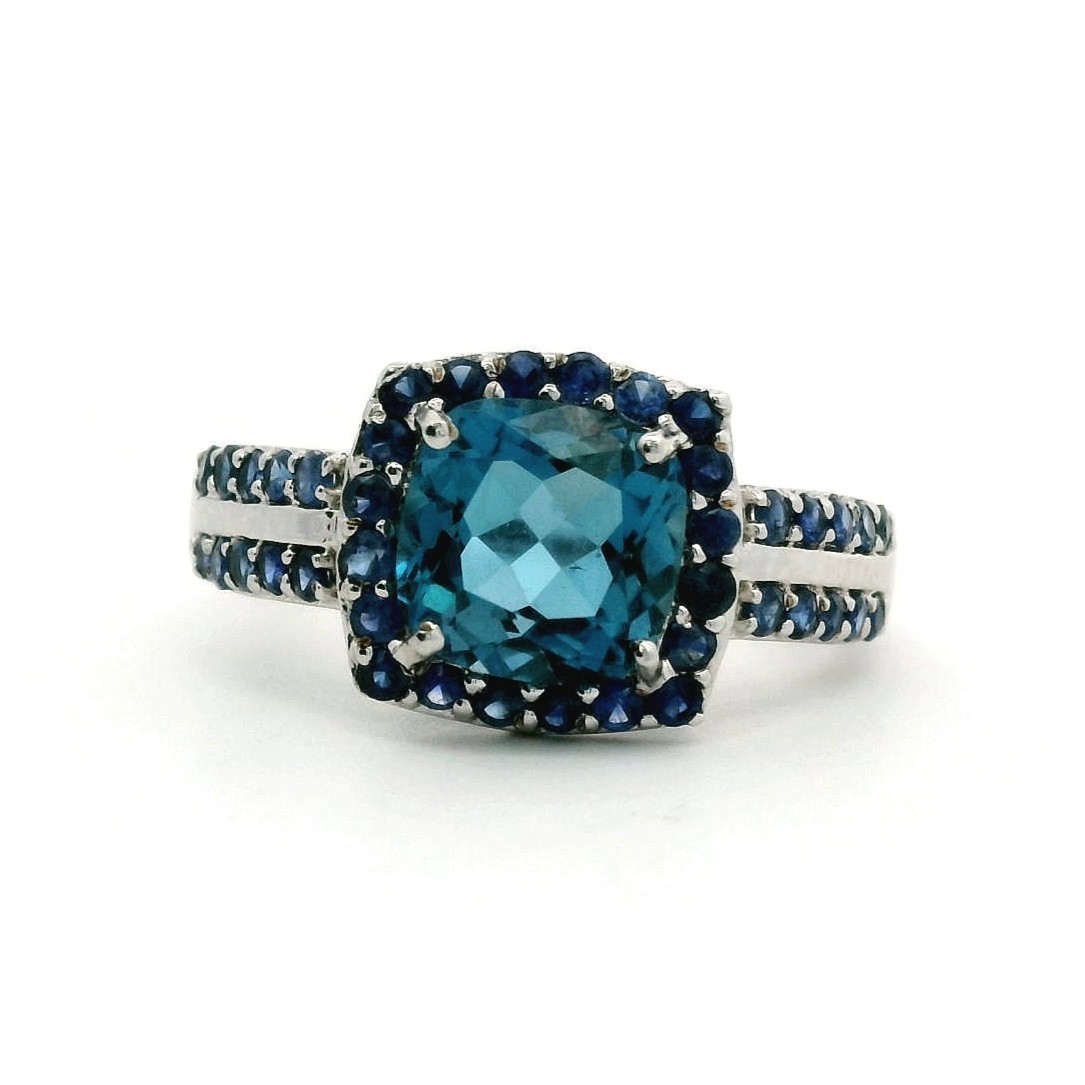 9ct White Gold Ring Aquamarine & Sapphire Stones Birmingham Halkmark Size R 1/2