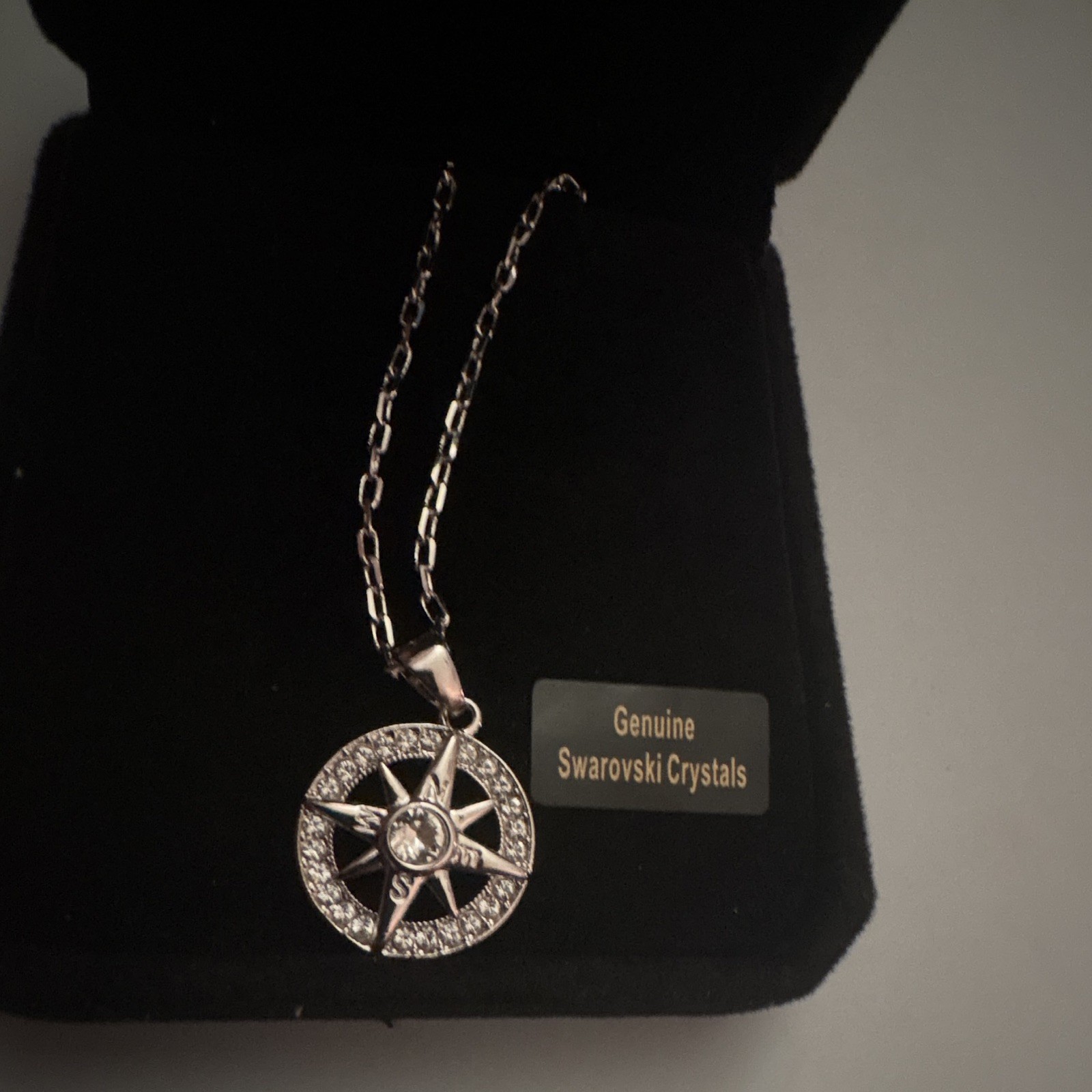 Silver Plated Compass Charm Pendant Necklace w/ Genuine Swarovski Crystals
