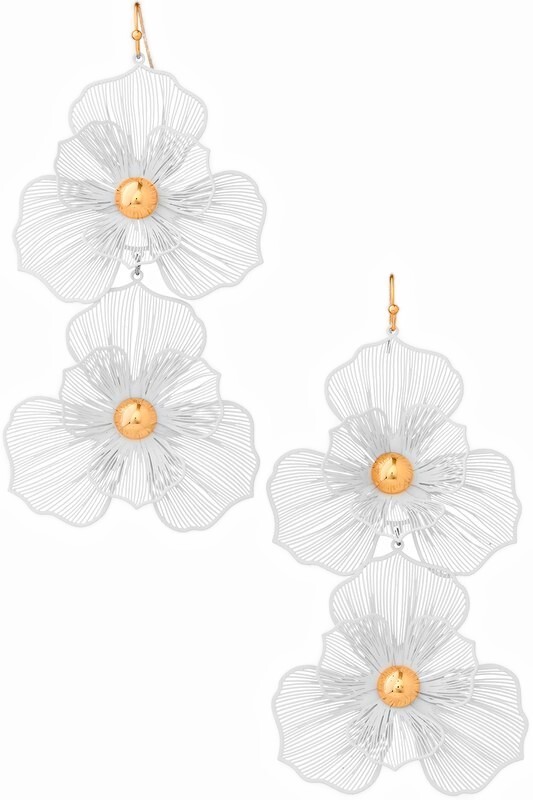 White Coated Wire Huge Flower Earrings 4″ Long Gold Plated Nickel Lead Free