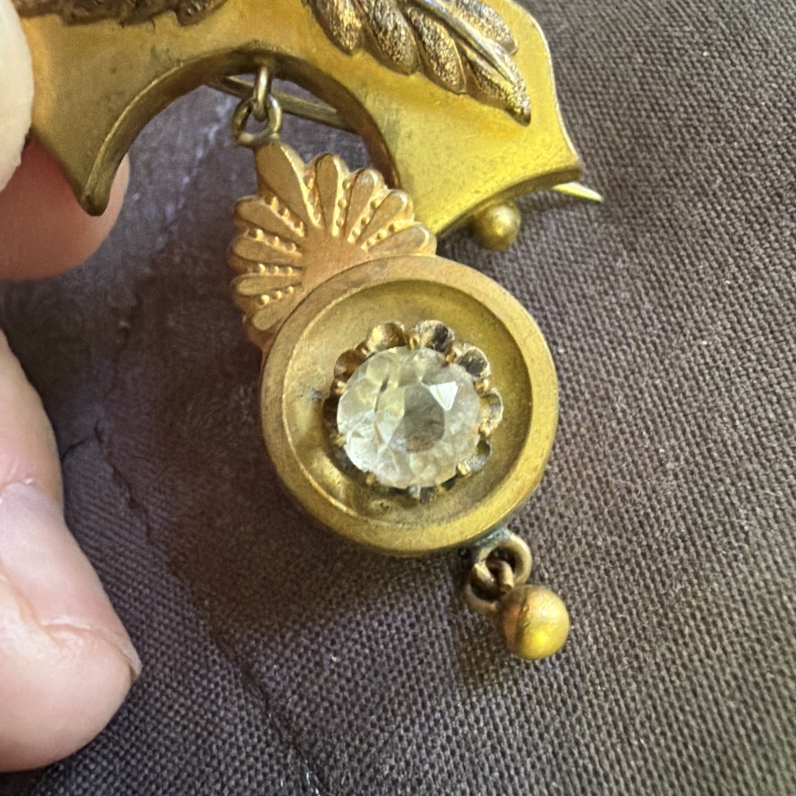 Antique Victorian Etruscan Hollow Gold Filled Dangle Brooch Pin Rose Gold Leaves