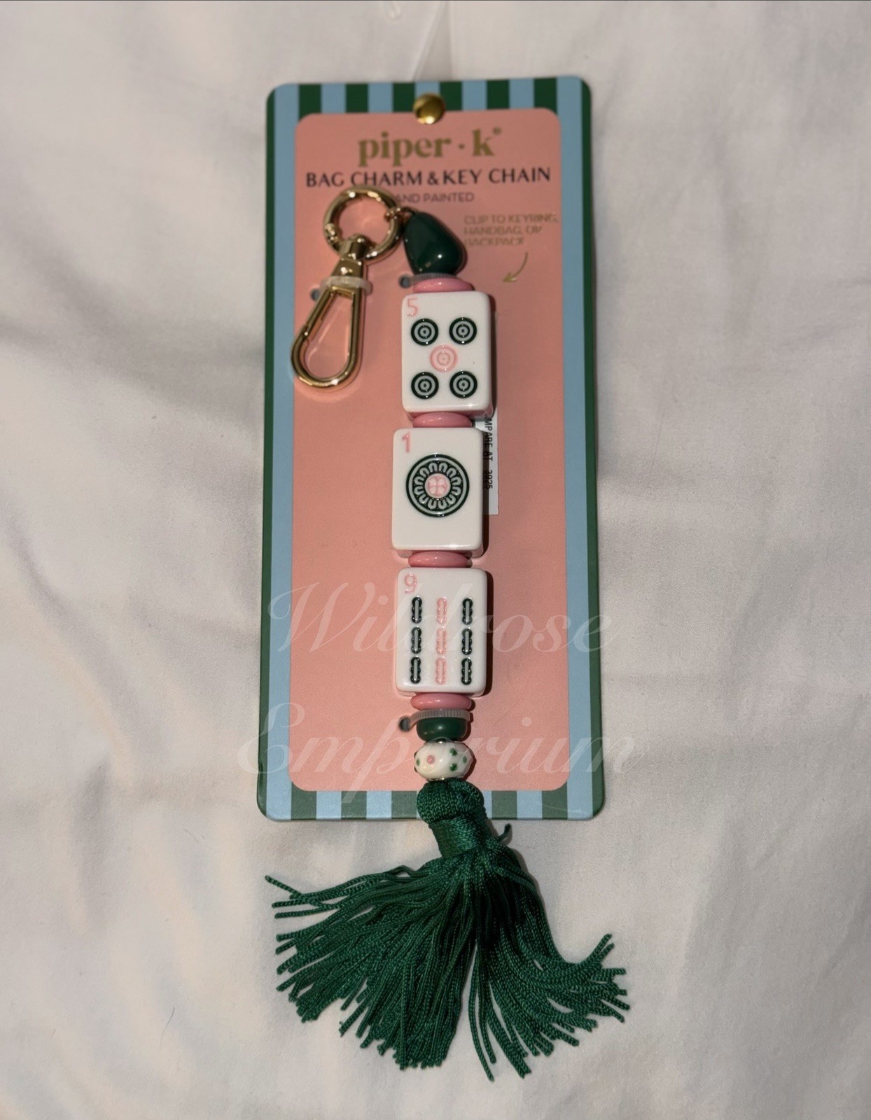Piper K whimsical pink green mahjong game tile motif keychain bag charm