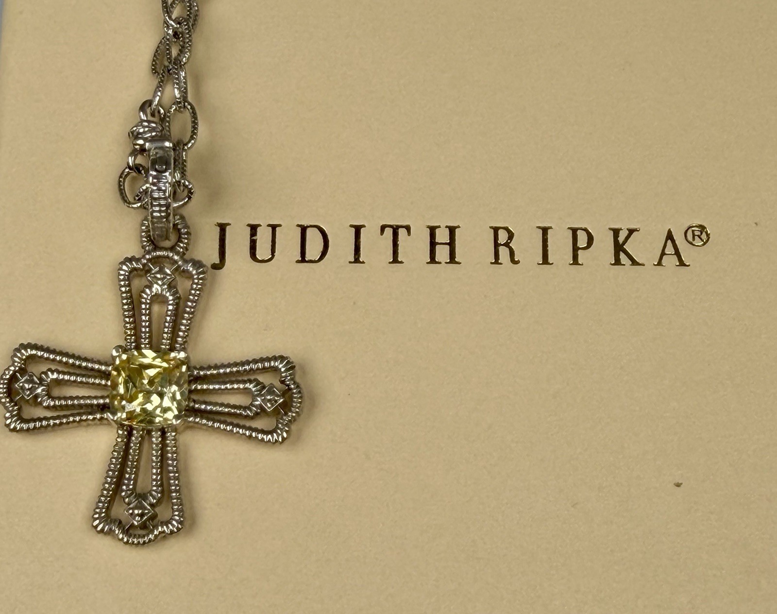 Judith Ripka Sterling Silver Canary Quartz Cross Pendant Station Link Chain