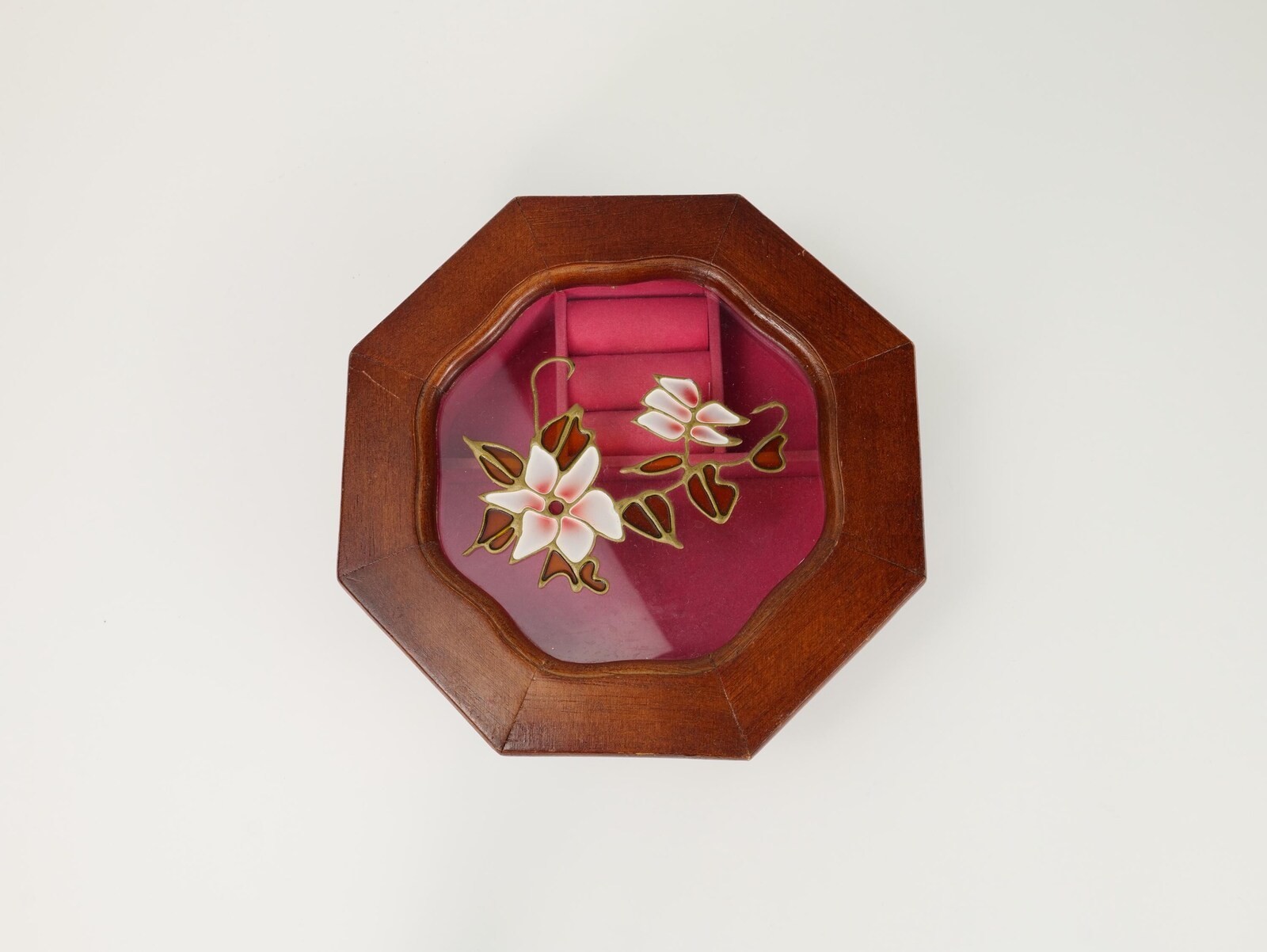 Vintage Octagonal Wood Jewelry Box with Floral Glass Top and Pink Velvet Lining