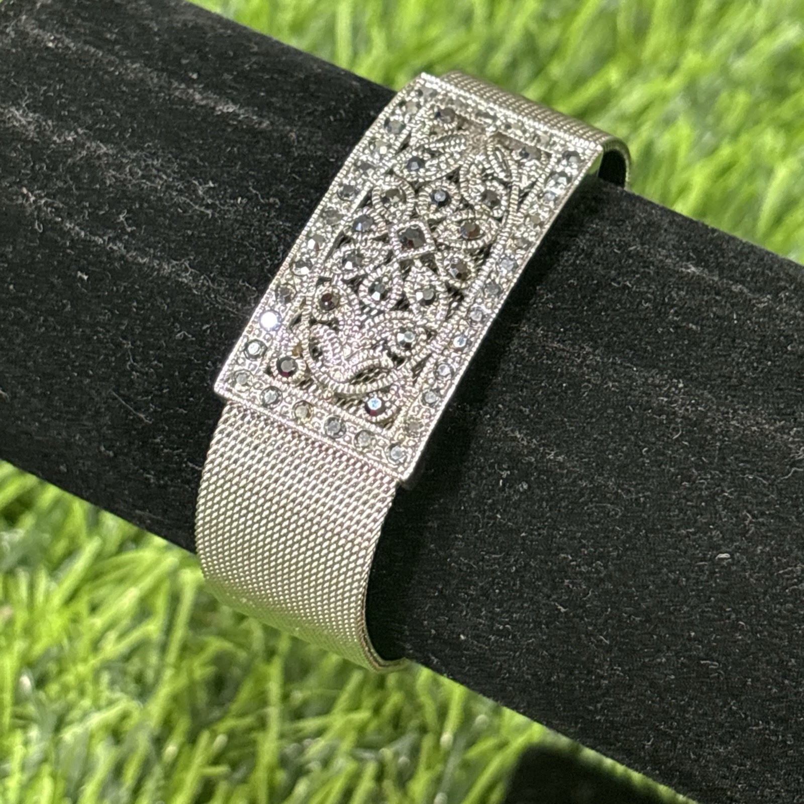 Vintage Art Deco Marcasite Mesh Bracelet Silver Tone Unmarked Rhodium Style