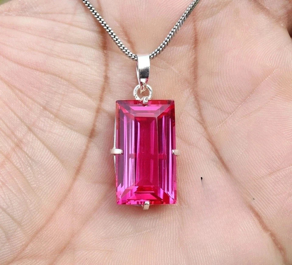 21.53 Ct Natural Pink Sapphire Baguette Cut 925 Solid Silver Pendant Gemstone