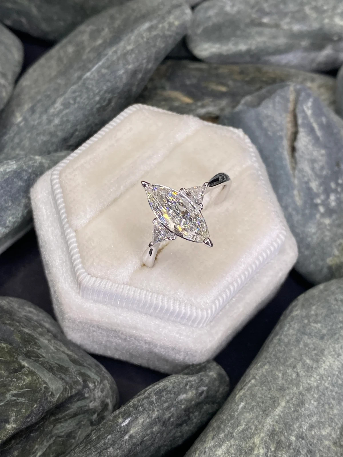 2 CT Marquise Cut Moissanite Three Stone Engagement Ring 14K White Gold Plated
