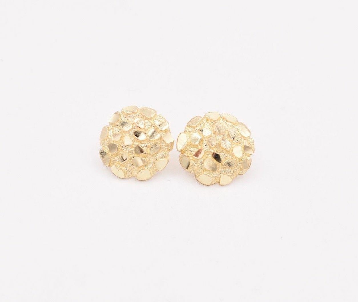 Large Round Diamond Cut Nugget Stud Earrings Real Solid 10K Yellow Gold