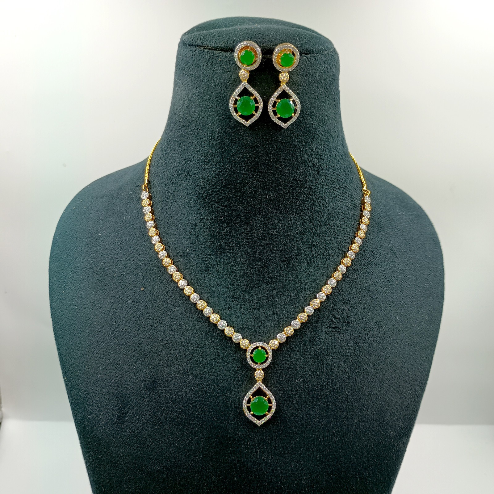 Gold Plated Round Stone Emerald Necklace Set South Indian Bridal Jewelry
