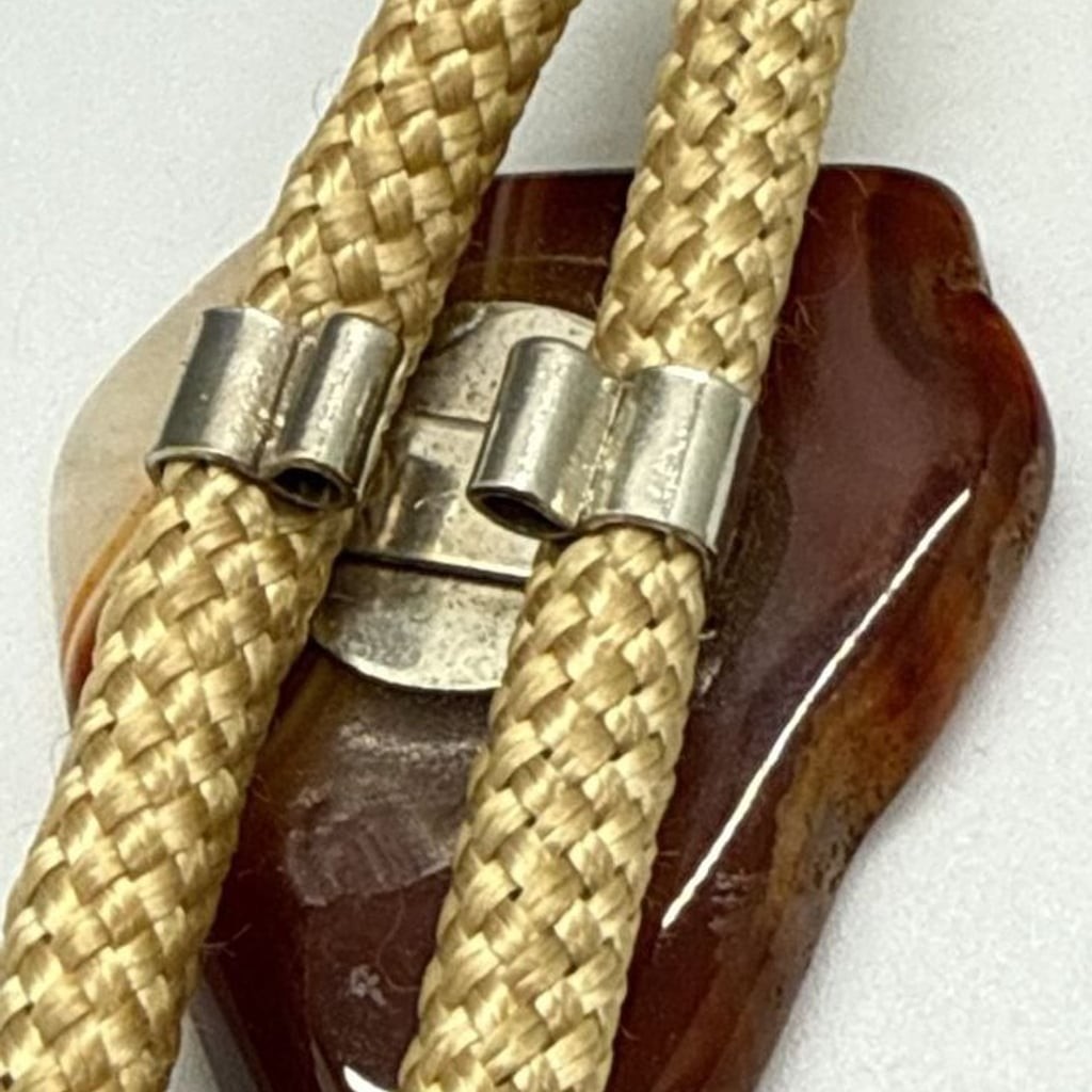 Western Polished Agate Stone Bolo Tie Tan Braided Cord Southwestern Style Vtg