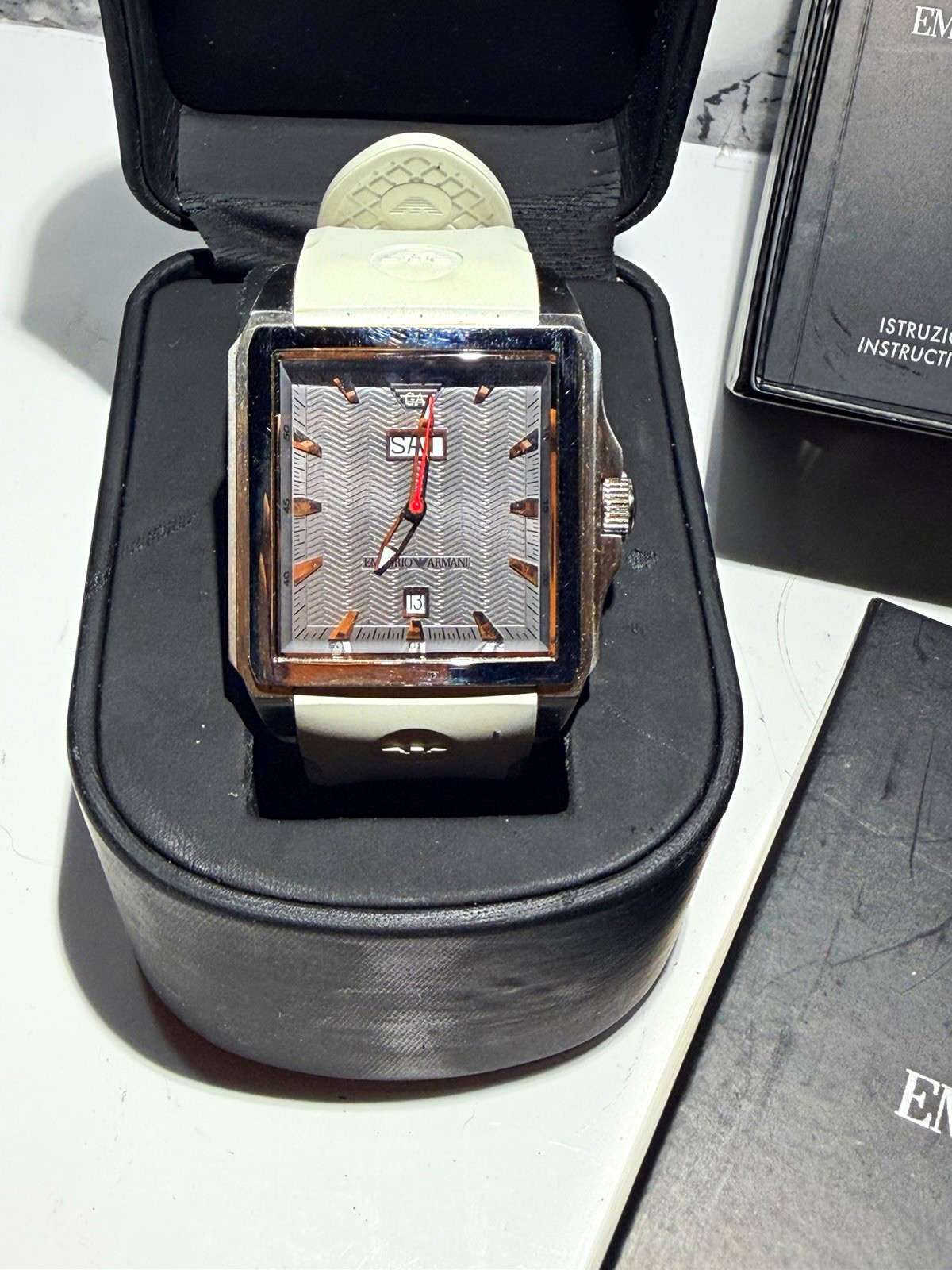 Emporio Armani Men’s Square 45mm Quartz Date Gray Dial White Rubber Strap