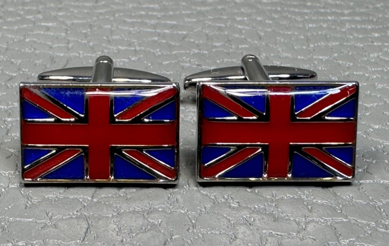 United Kingdom England Great Britain Flag White Gold Plated Cuff Links