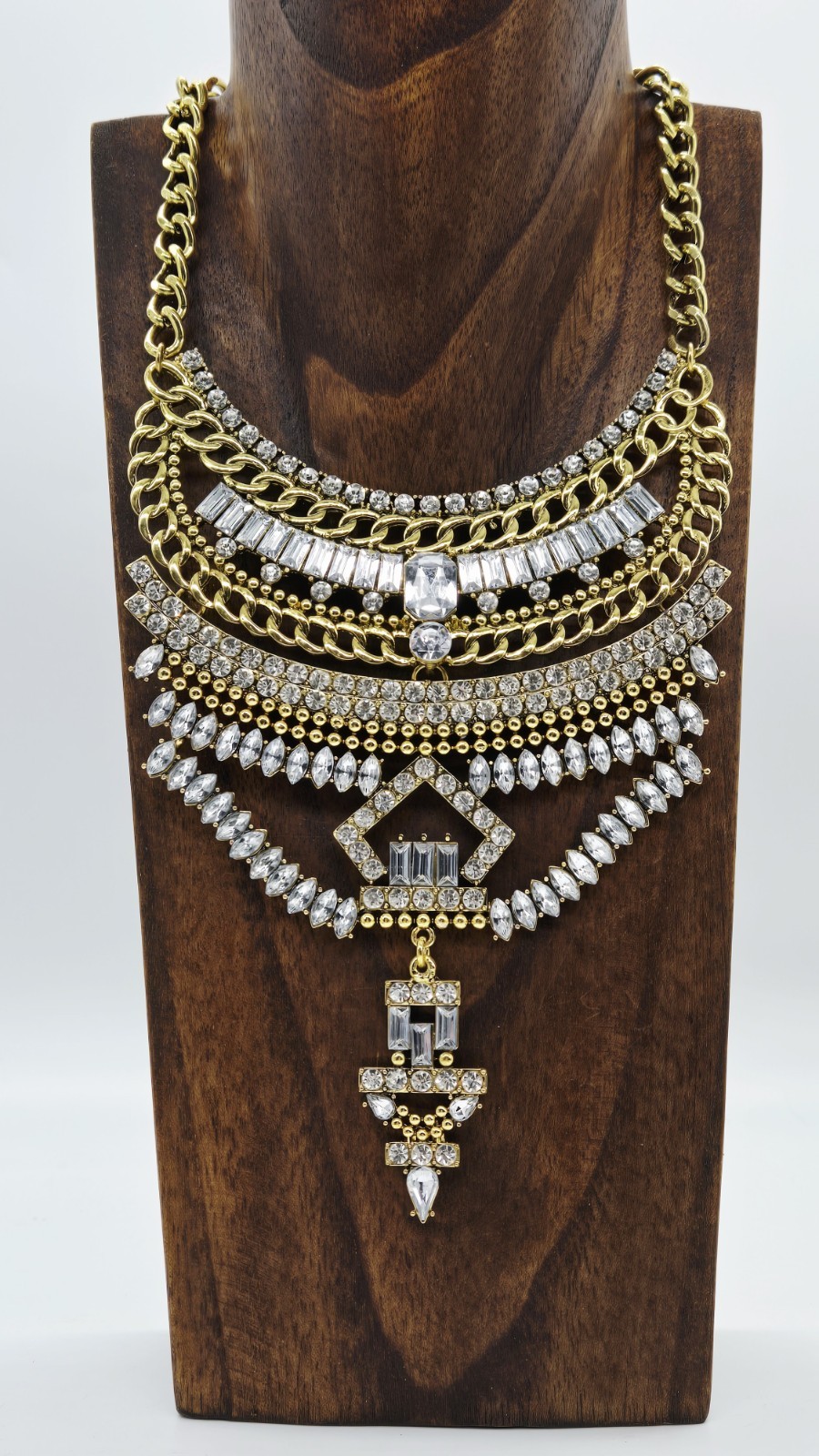 Geometric Bib Necklace White Crystal Rhinestone Dangle Gold tone Couture 15 in