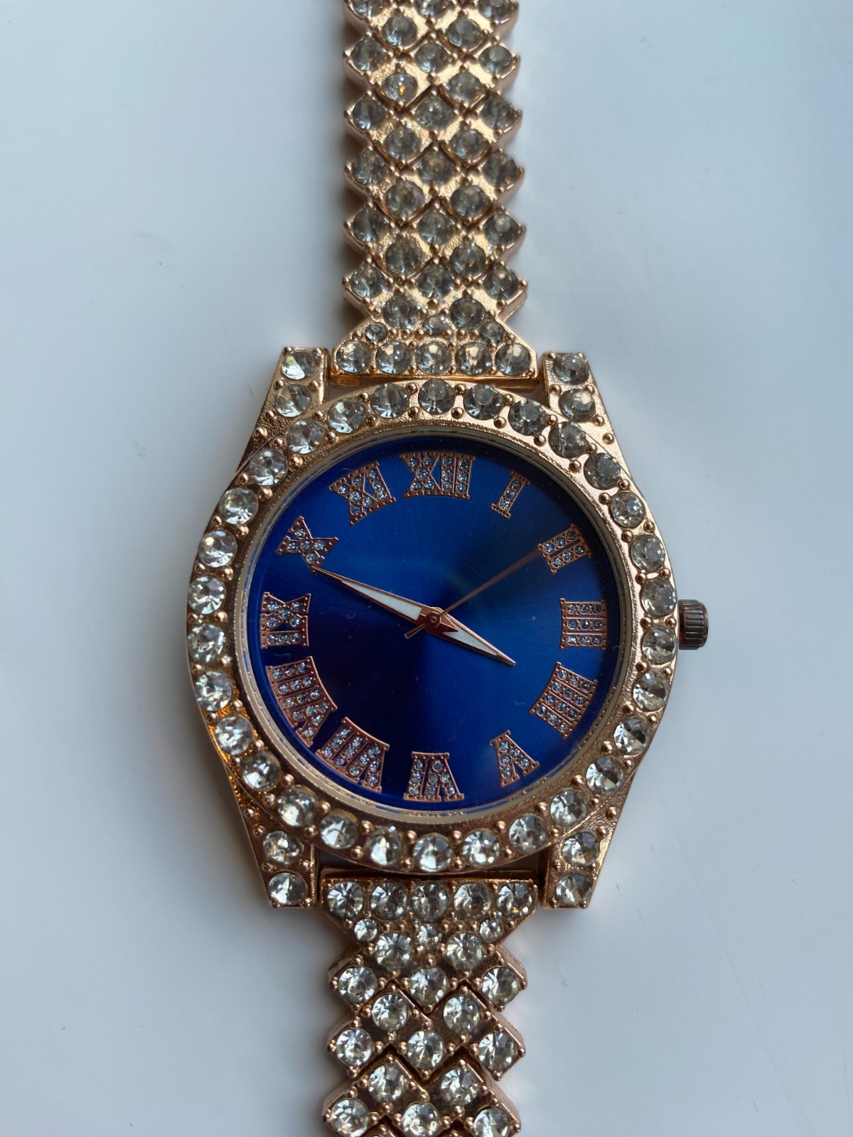 rose gold diamante watch with blue dial