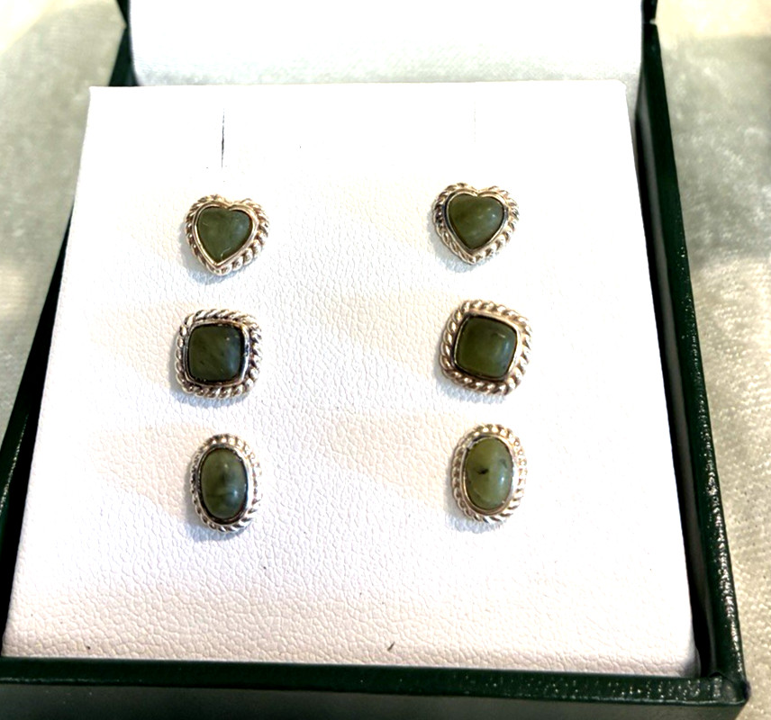 CONNEMARA MARBLE SET OF 3 DIFFERENT MOTIF STERLING SILVER EARRINGS (M4790-52)