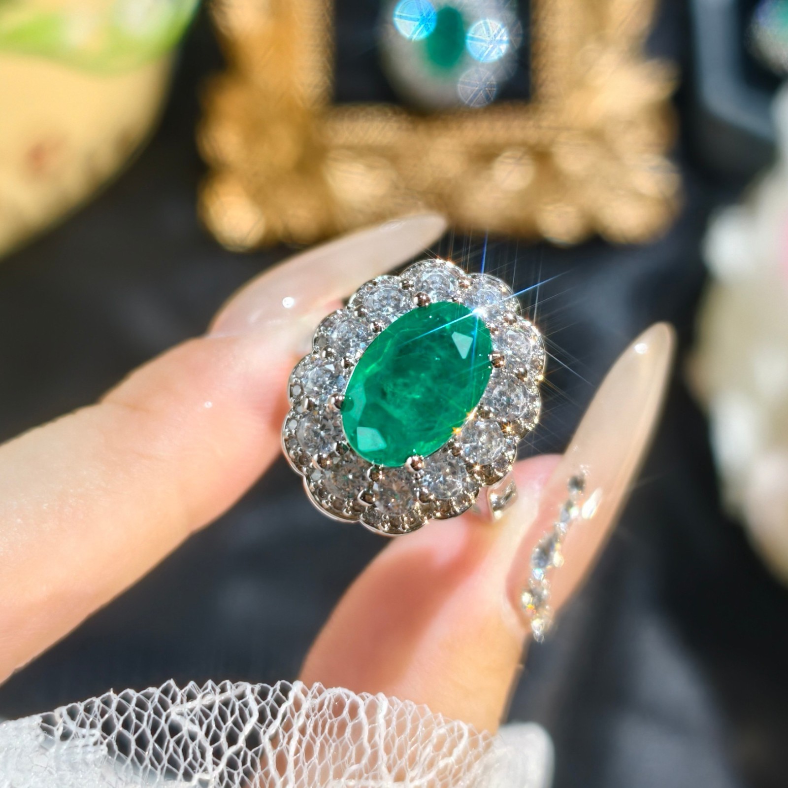 New Flower Style Neon Green Citrine White Topaz Gems Charm Women Silver Rings