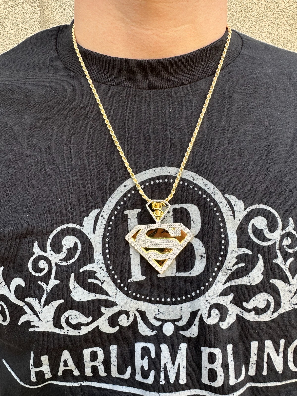 MOISSANITE Real 925 Silver/Gold Plated Iced SUPERMAN Superhero Pendant Necklace
