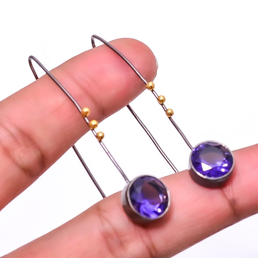 Purple Amethyst 925 Silver Black And Gold Rhodium Plated Earring 1.95″ E31