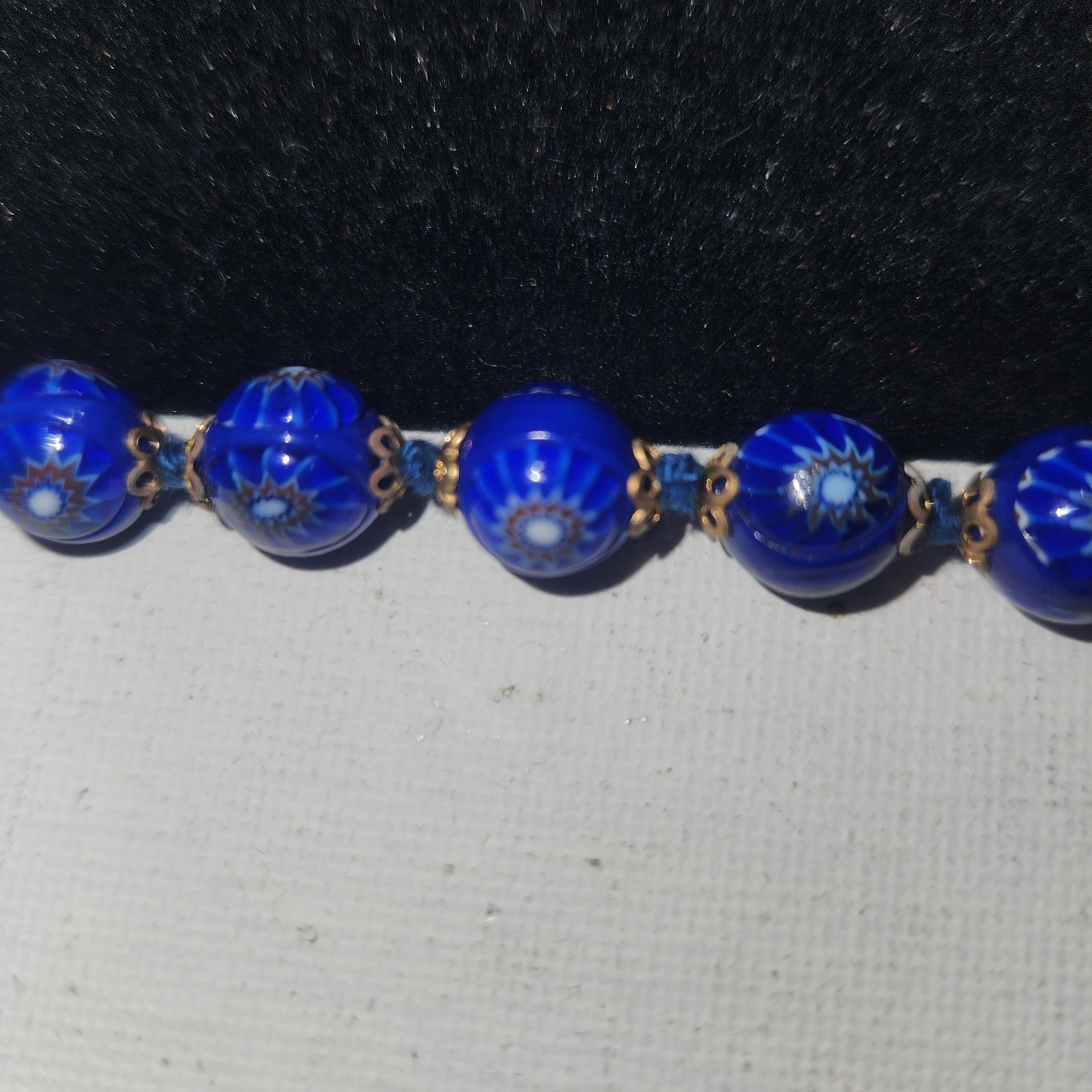 Vintage Venetian Millefiori Glass Bead Bracelet Cobalt Blue Gold Tone 7Inch