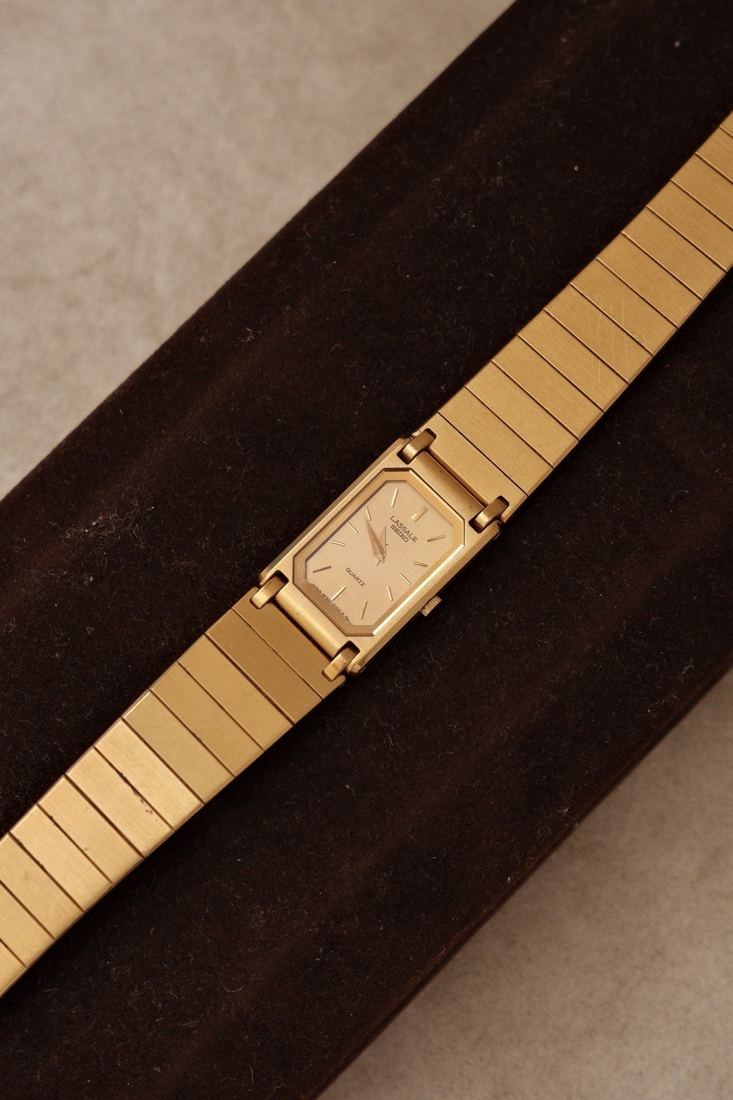 90s Vintage Ladies Ultra Thin Tank Lassale Seiko Gold Plated Watch in Box