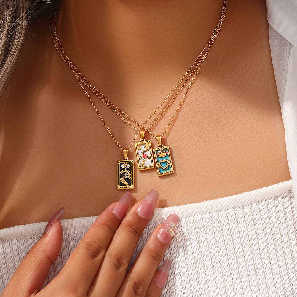 Tarot Card Rectangular Stainless Steel Enamel Zircon Fashion Pendant Necklace