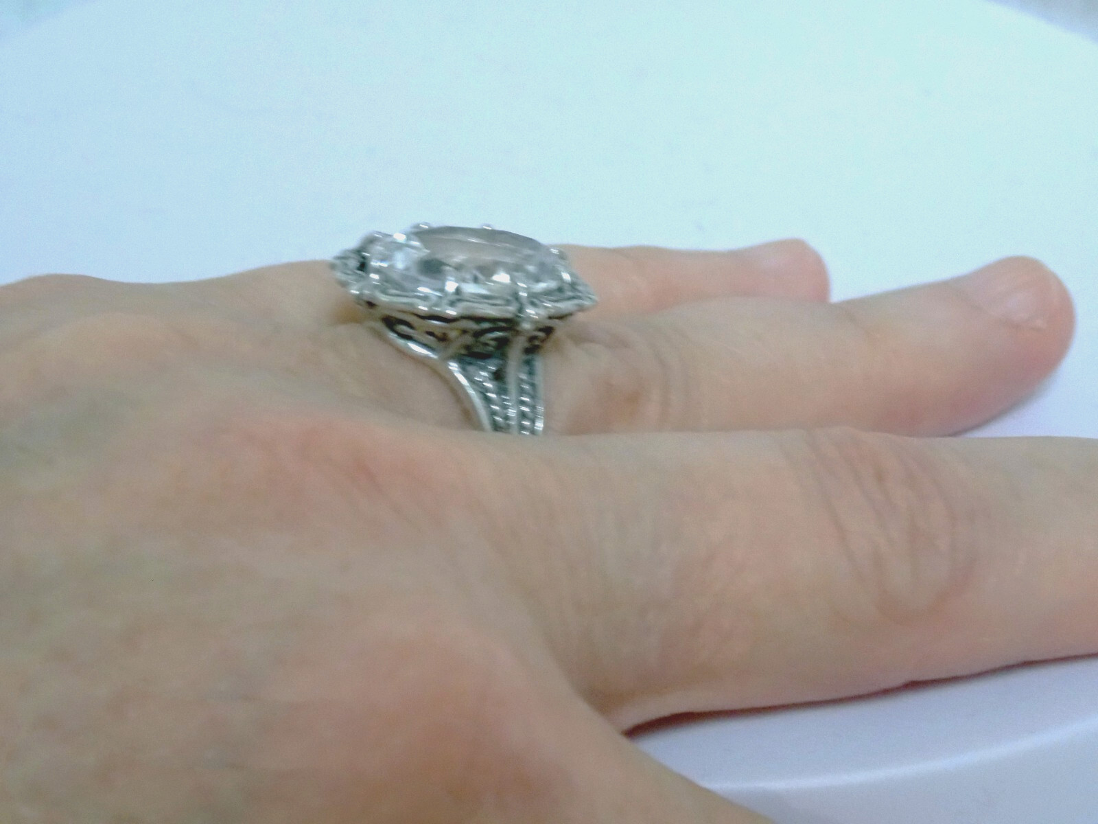 12ct White Lab Sapphire Size 7 Ring 925 Sterling Silver Filigree Vint Style USA