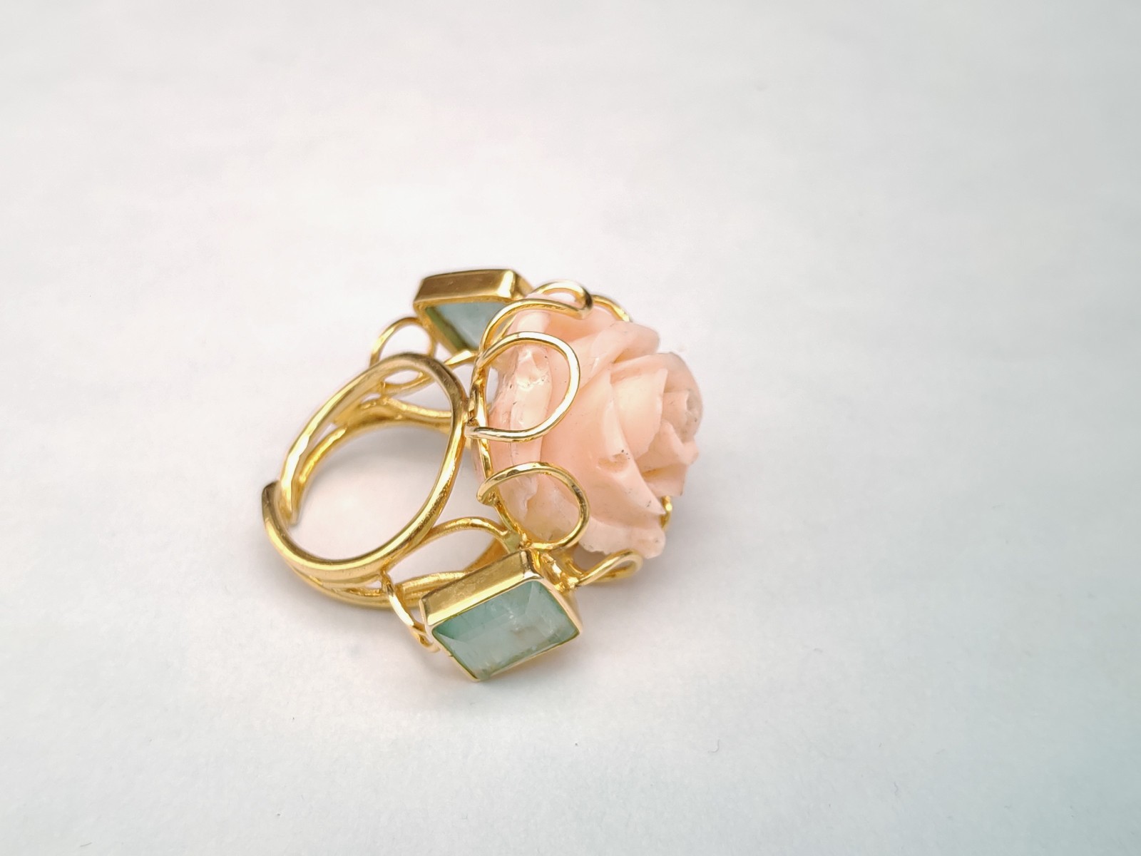 Women’s Ring Real Coral Pink Band 925 Silver Plac Yellow Gold Handmade
