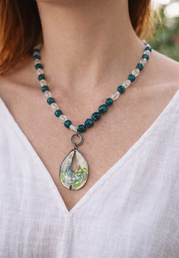 Artesian Collection Art Glass Pendant Necklace Blue Green Foil Beaded Boho