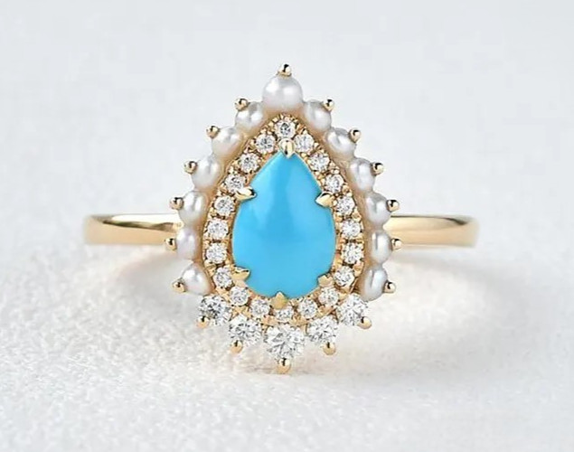 14K Yellow Gold Plated Pear Cut Turquoise & Freshwater Pearl Halo Statement Ring