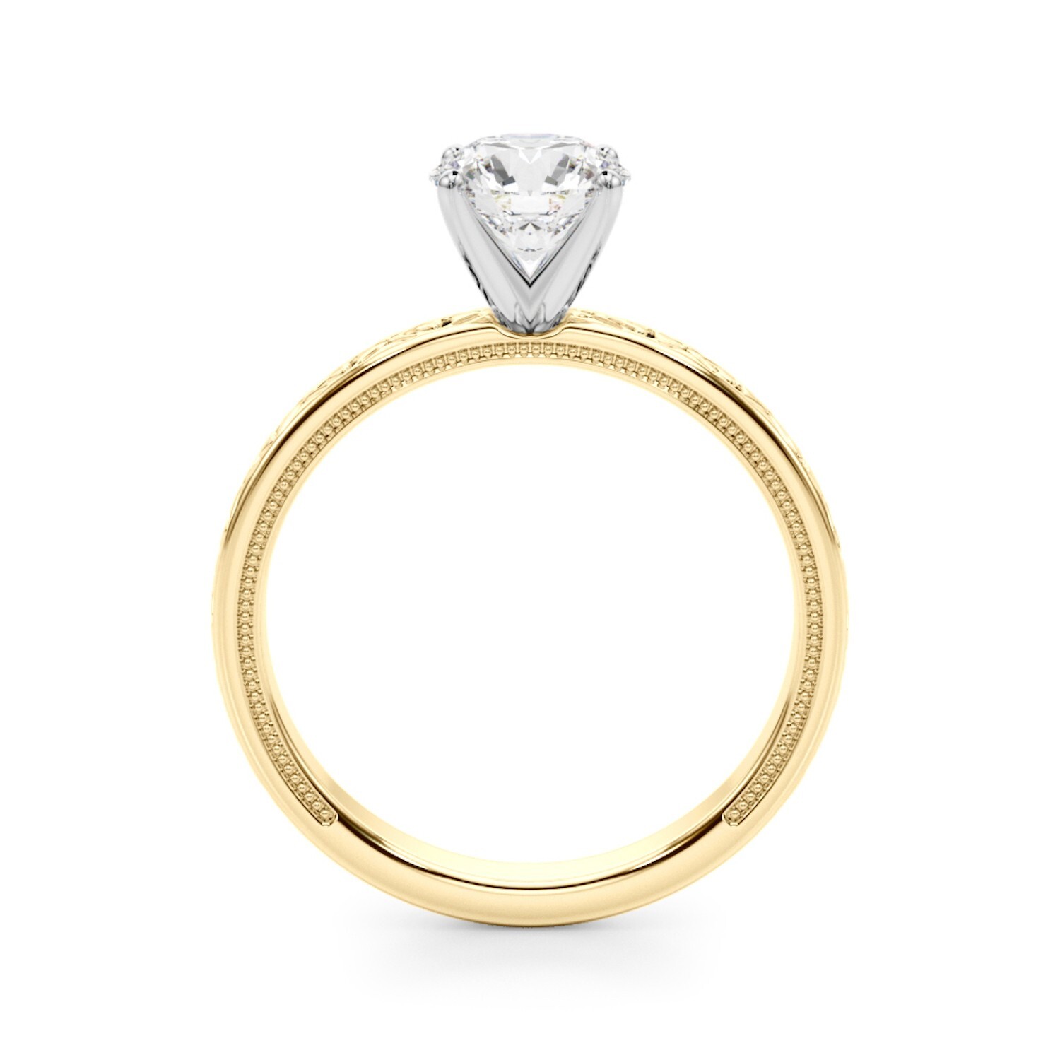 1oK Yellow Gold Heart X Pattern Engagement Ring in White Round Cut Moissanites