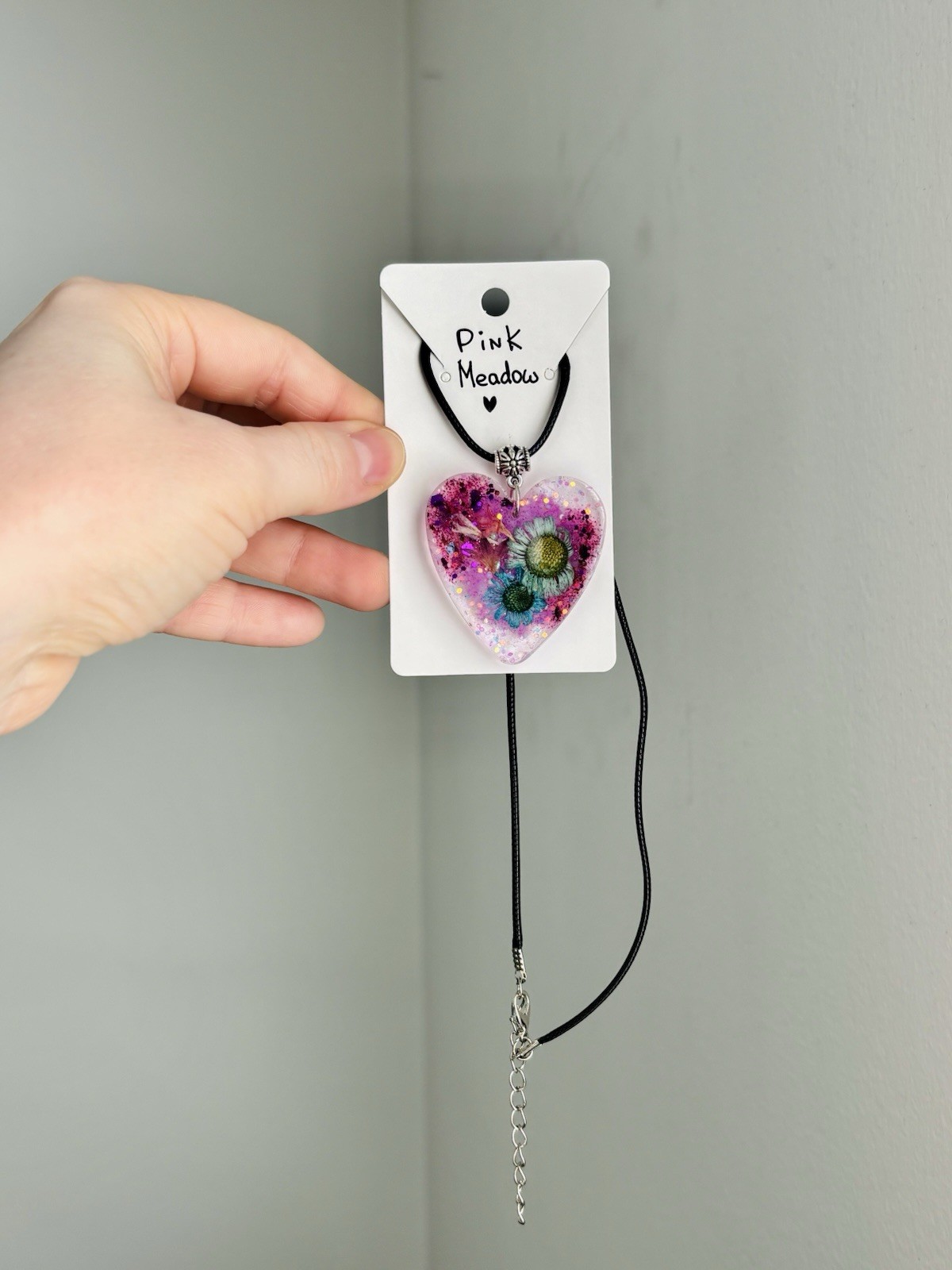 Pink Meadow Resin Heart Necklace Handmade Dried Flower Pink Pendant
