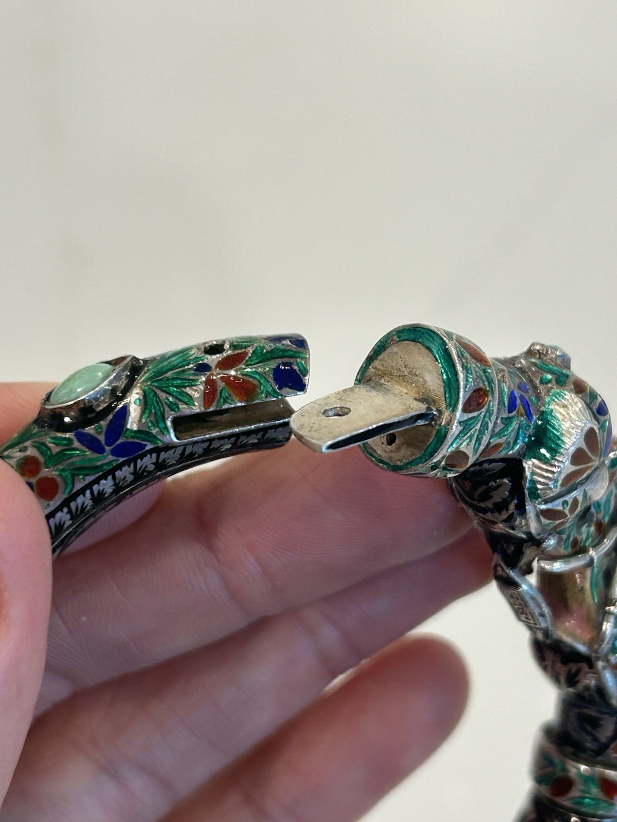 Vintage Indian Meenakari Sterling Enameled Elephant Head Bangle Turquoise AS IS