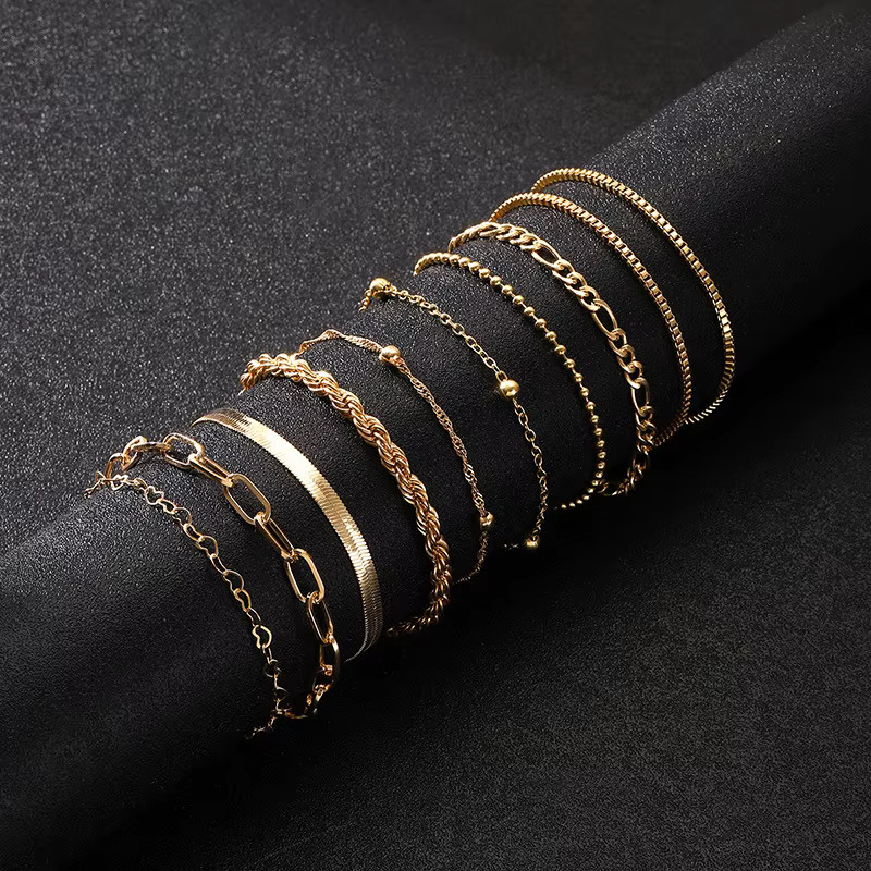 10 Bohemian Bracelet Set Gold Silver Color Stackable Bangles Retro Link Jewelry