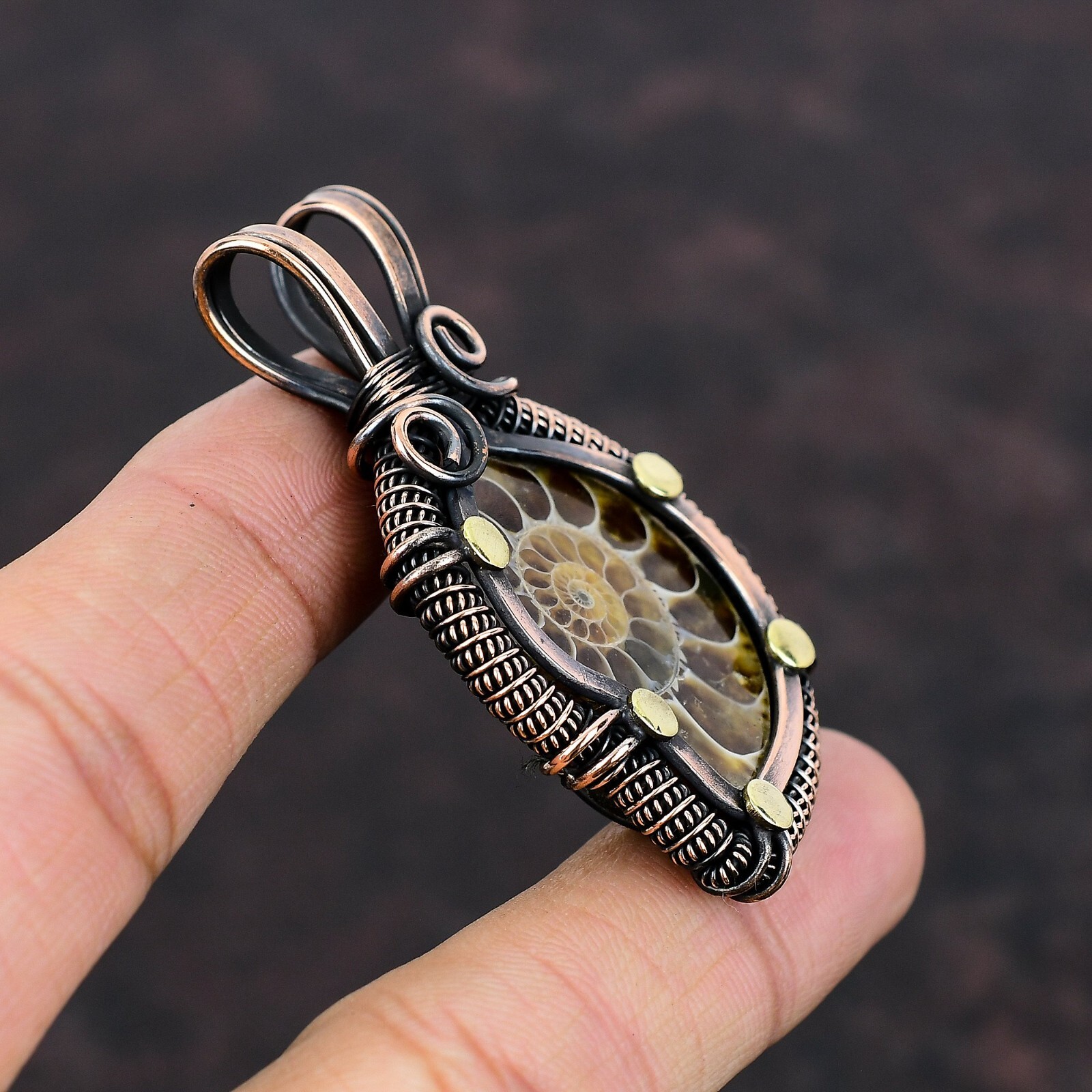 Ammonite Fossil Copper Gift For Bestie Wire Wrapped Pendant 2.36″