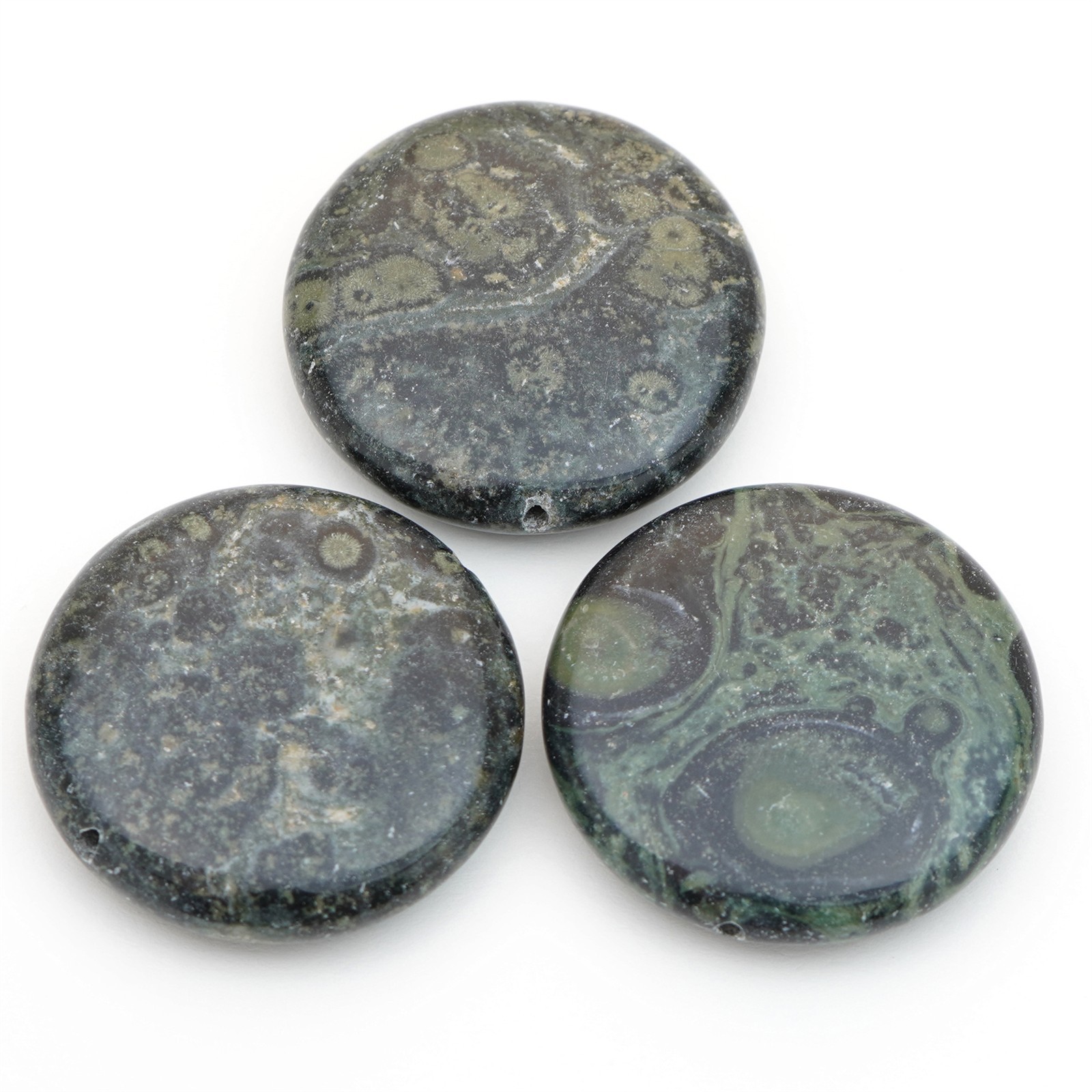 3 large flat round green and black kambaba jasper stone lentil beads avg 30mm