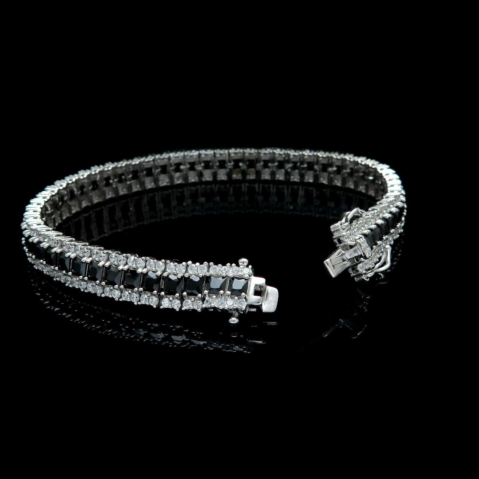 15TCW Princess Simulated Black & Round Diamond Bracelet 925 Sterling Silver