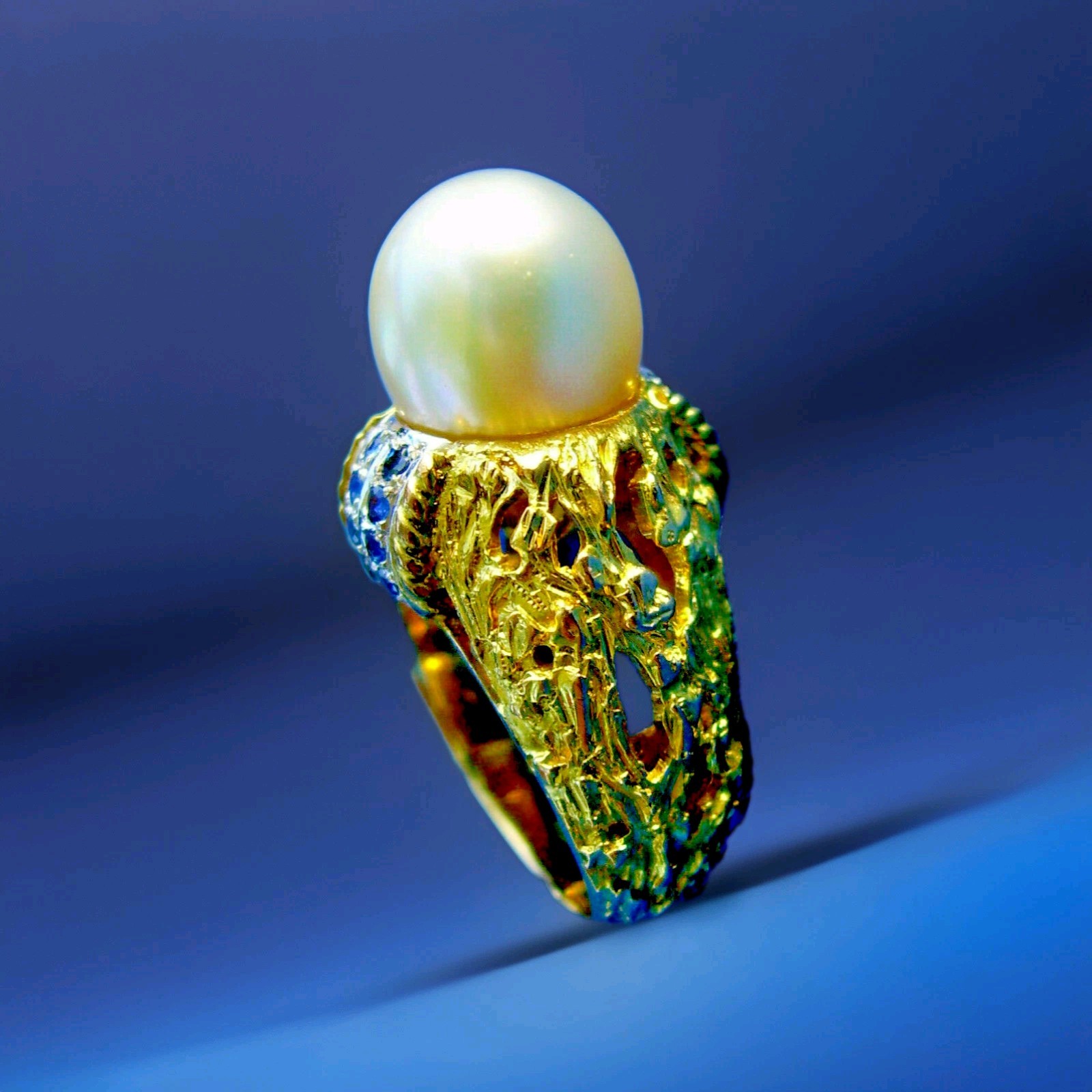 Original Pearl Sapphire Engagement Statement Ring Deco Cocktail Style 14K GOLD