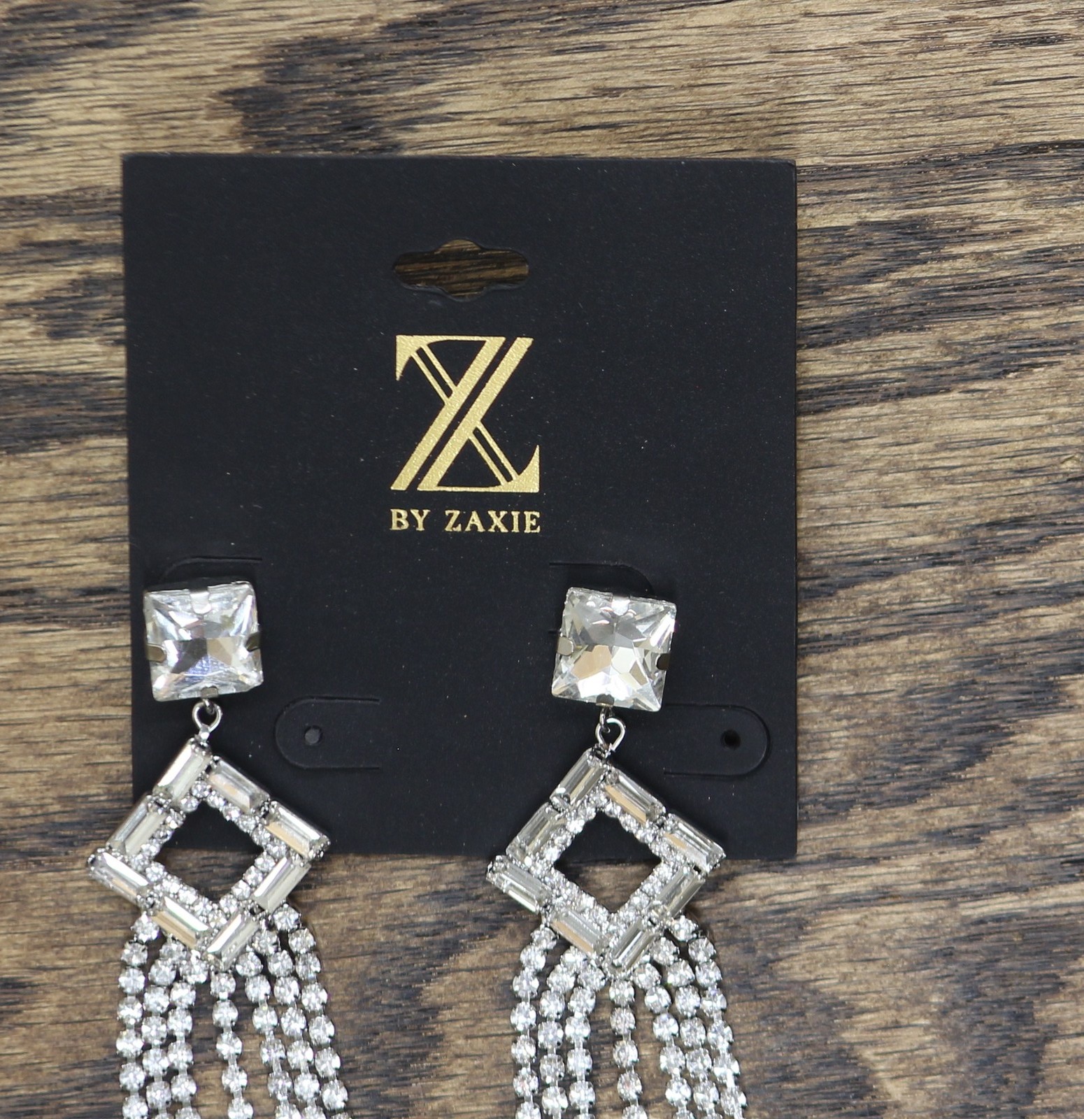 Z by Zaxie Fringe Diamond Frame Post Earrings Silver Gray / Clear 3.5″