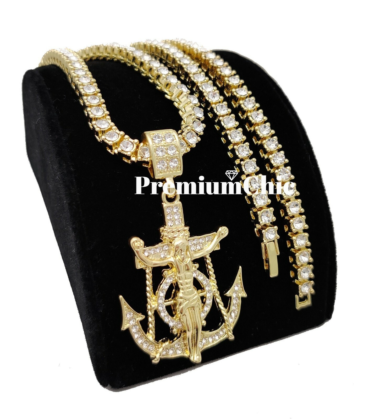 3PC, Tennis Chain & Cuban Link Necklace & Jesus Anchor Pendant Plated CZ Jewelry
