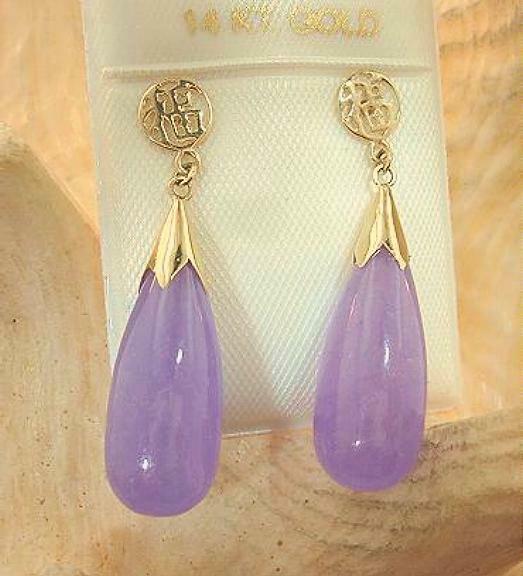 8MM 14K YELLOW GOLD GOOD FORTUNE TEARDROP LAVENDER JADE DANGLY STUD EARRINGS #1