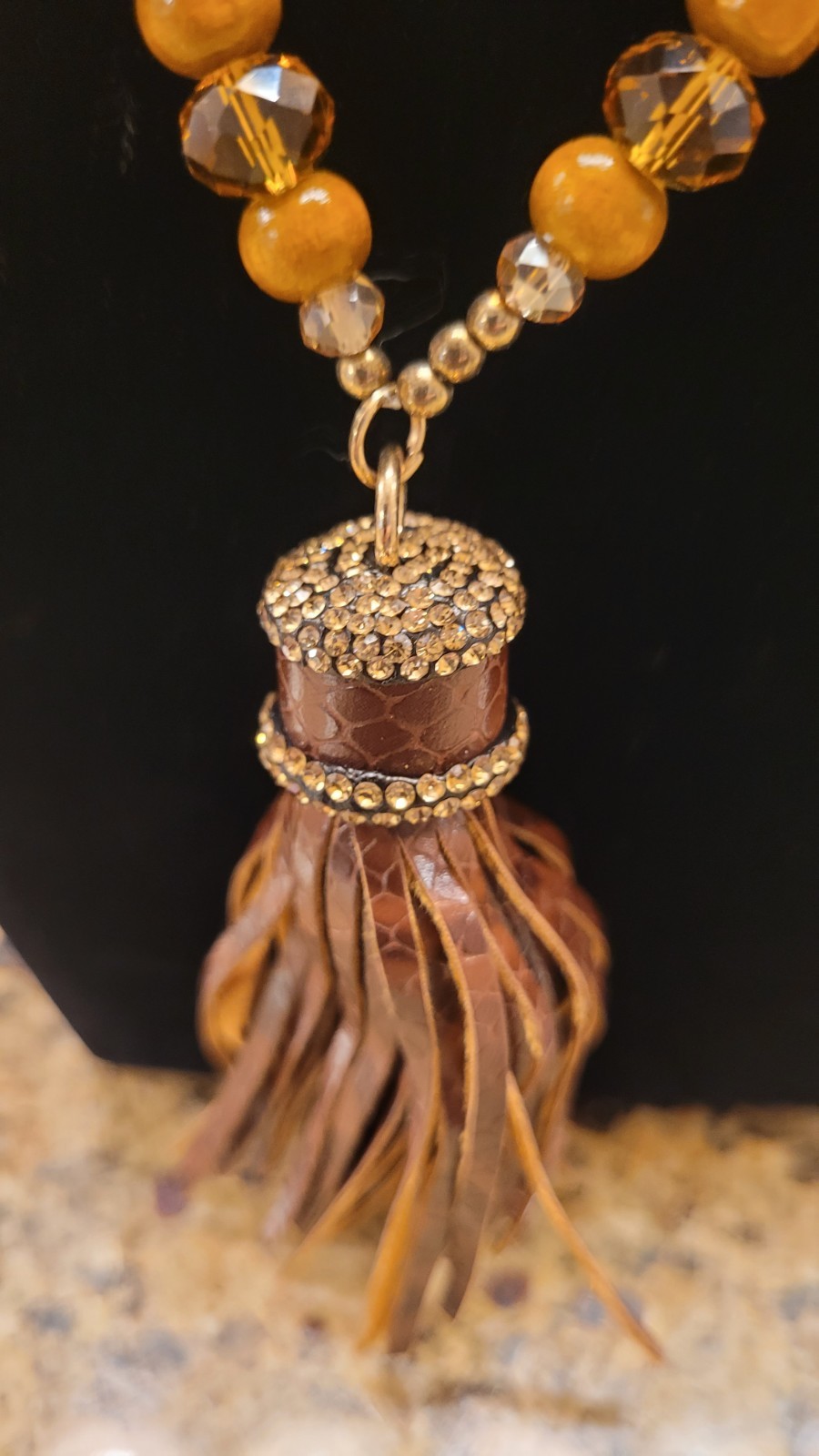 Fashion Beaded Pendant Chain Statement Tassel Necklace wood Rhinestone Brown Red