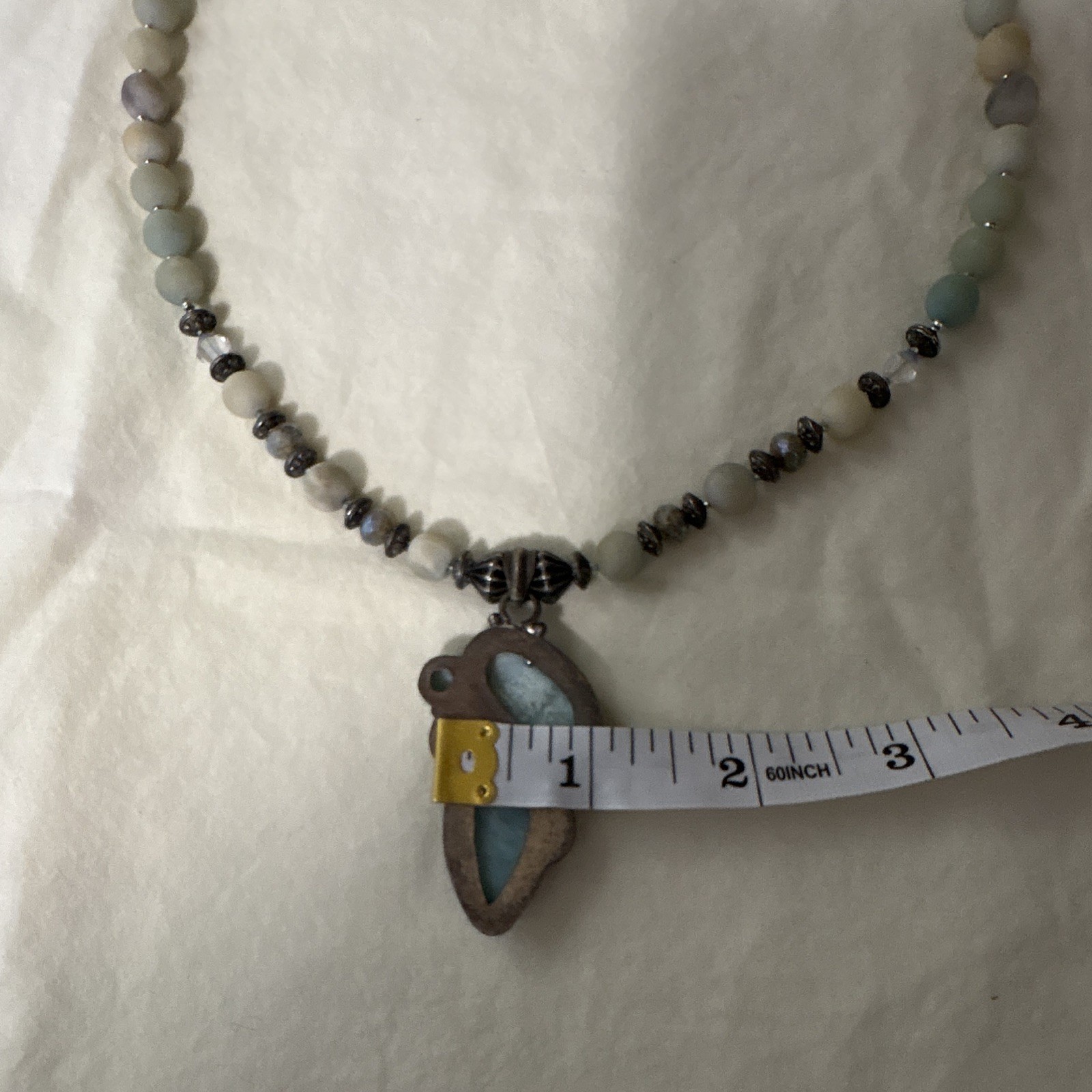 Silver/Gray Beaded Necklace Blue Teardrop Charm Pendant Bezel 18in Toggle