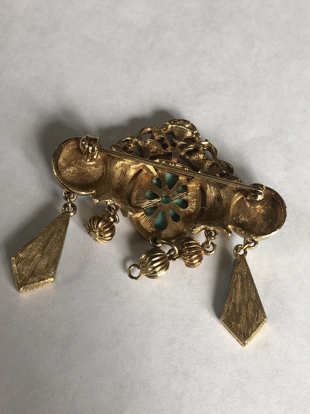 Vintage R. Mandle Oval Faux Turquoise Gold Tone Ornate Designer Brooch Pin