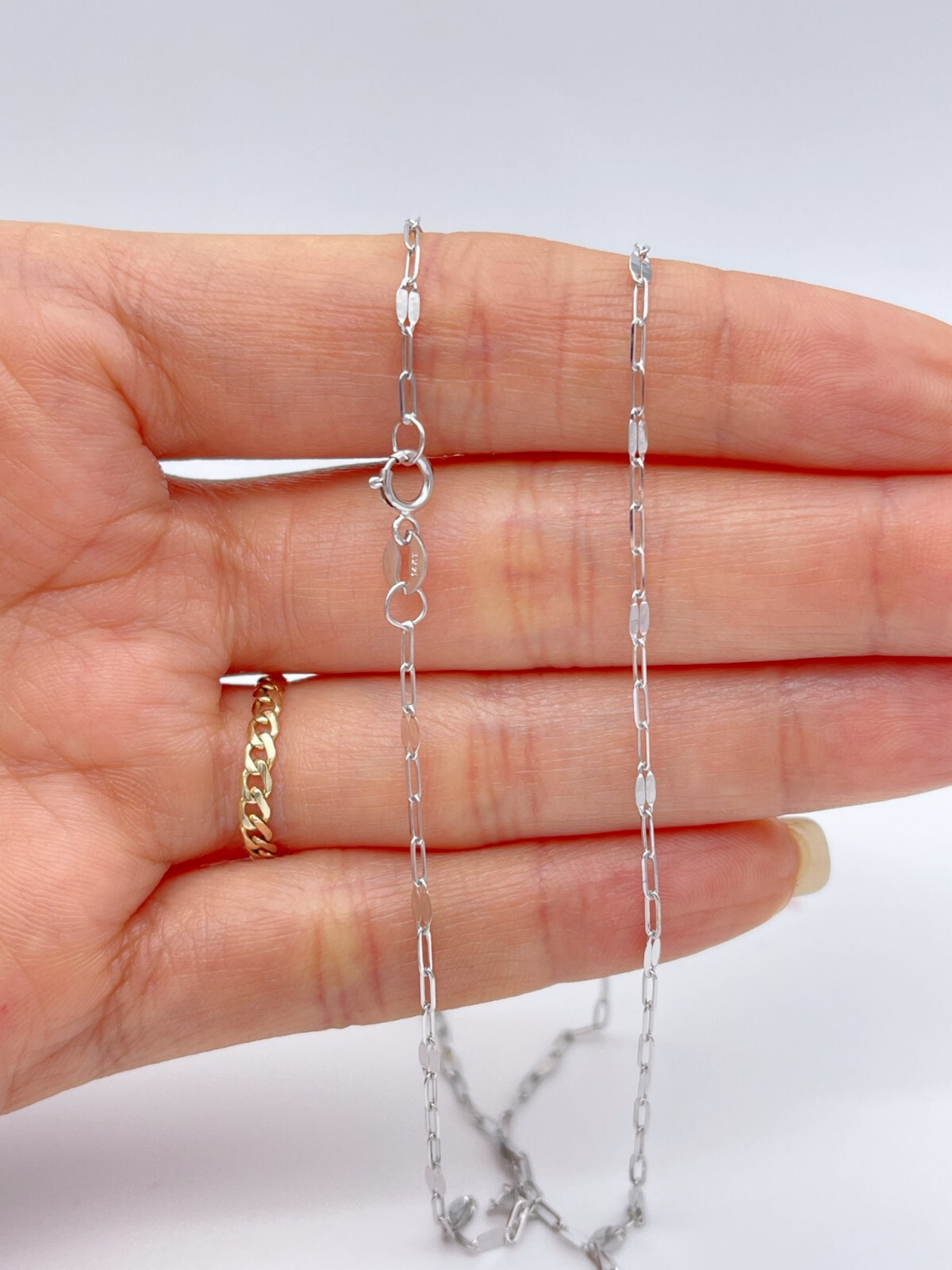 Mirror Chain Paperclip Link Necklace 2mm Women Solid 14K Yellow White Real Gold