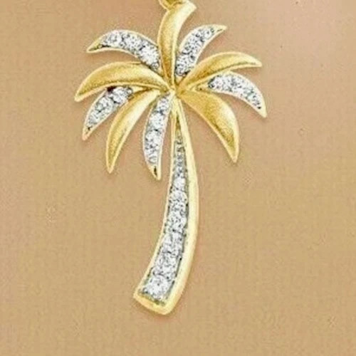 2 Ct Round Cut Real Moisanite Women’s Palm Tree Pendant 14K Yellow Gold Plated
