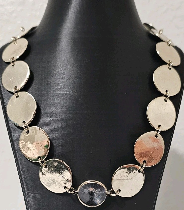 Chicos Gold Disc Statement Necklace Layered Coin Rhinestone Crystal Multi Strand